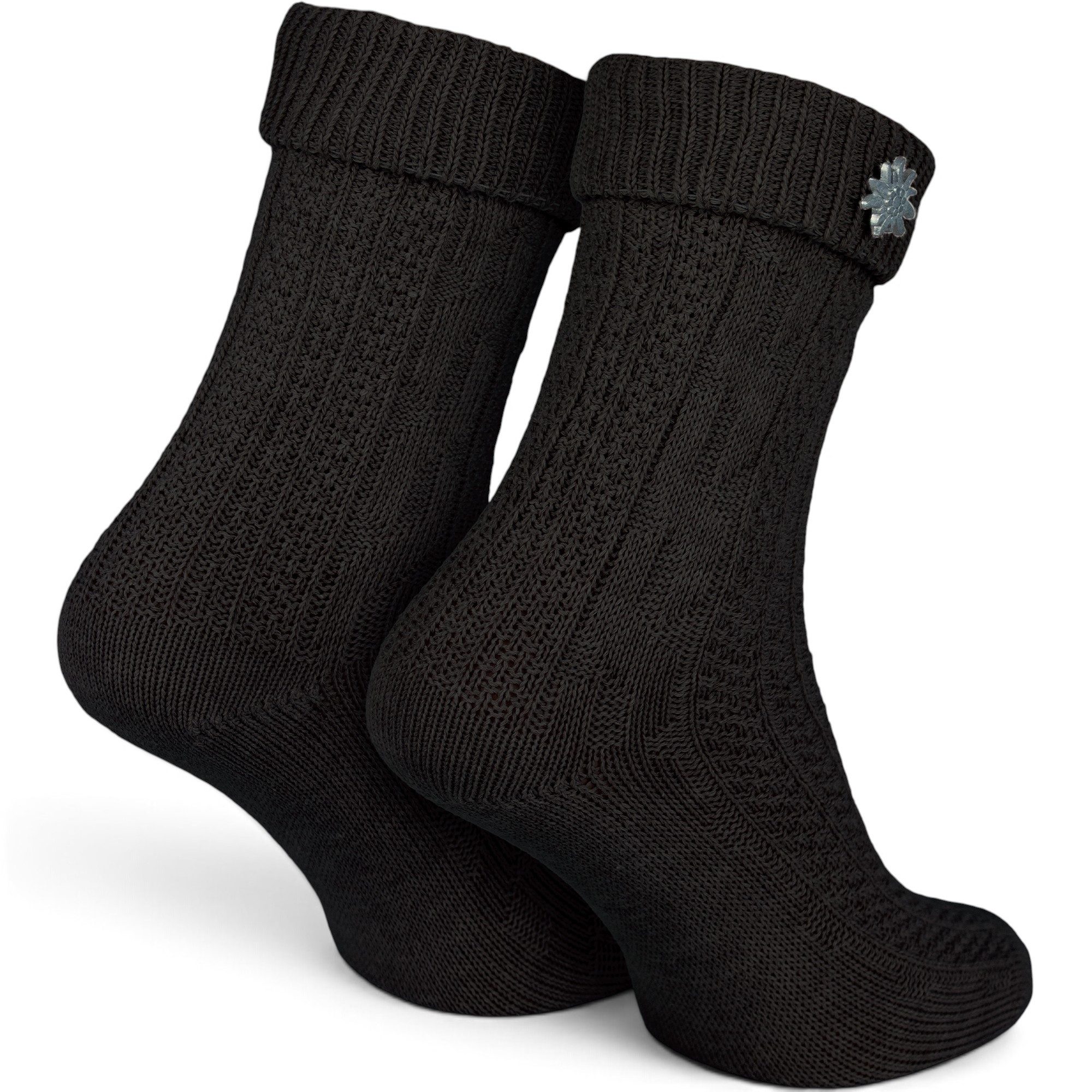 Black Snake Trachtensocken Schoppersocken fürs Oktoberfest mit Edelweiß-Pin für Damen und Herren (Packung, 1-Paar, Schwarz 43/46) Zopfmuster aus Baumwollmix mit – Bild 2 von 5