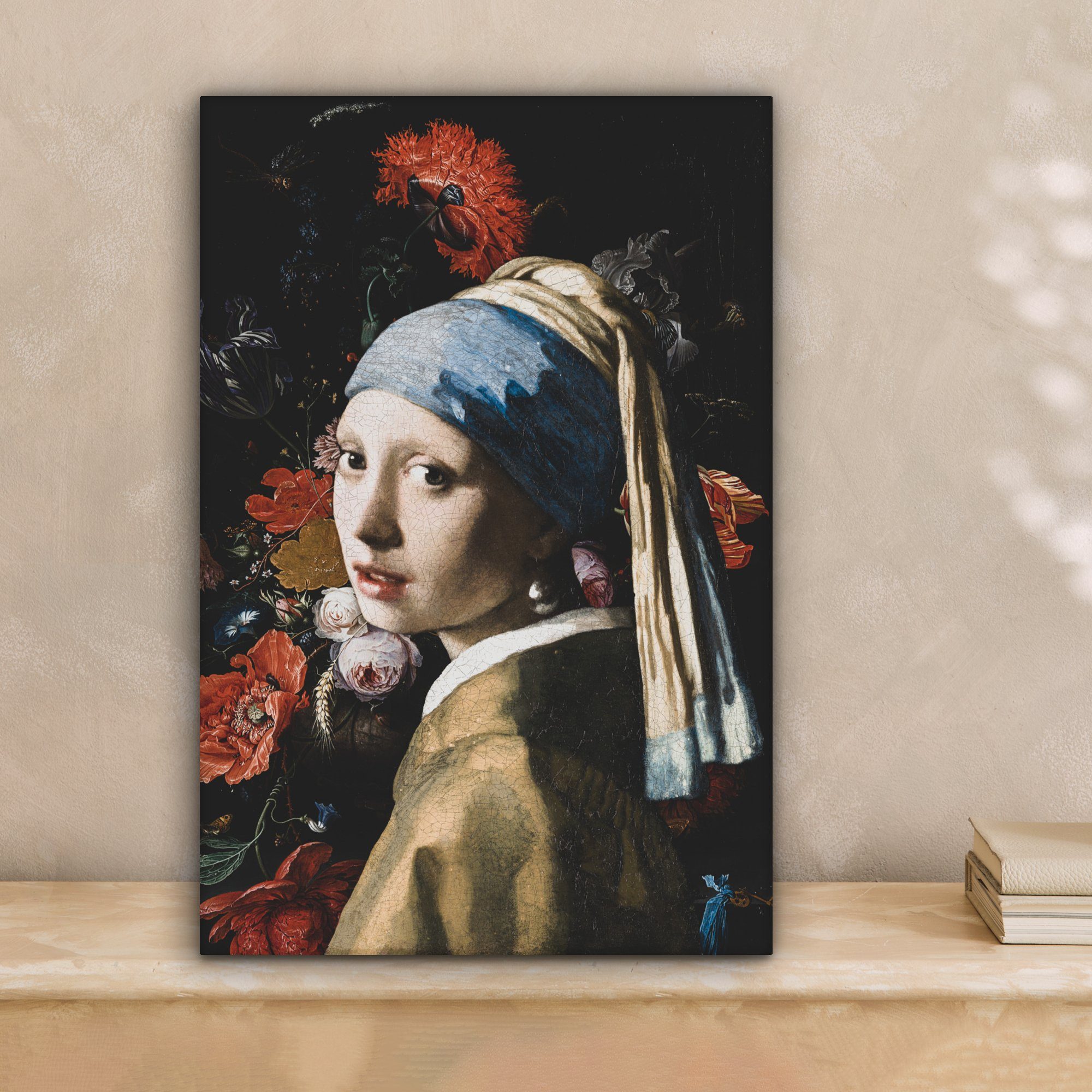 bespannt - inkl. Gemälde, - Perlenohrring OneMillionCanvasses® St), Mädchen Johannes (1 fertig cm - mit Gemälde Zackenaufhänger, Rot, Leinwandbild Blumen Vermeer 20x30