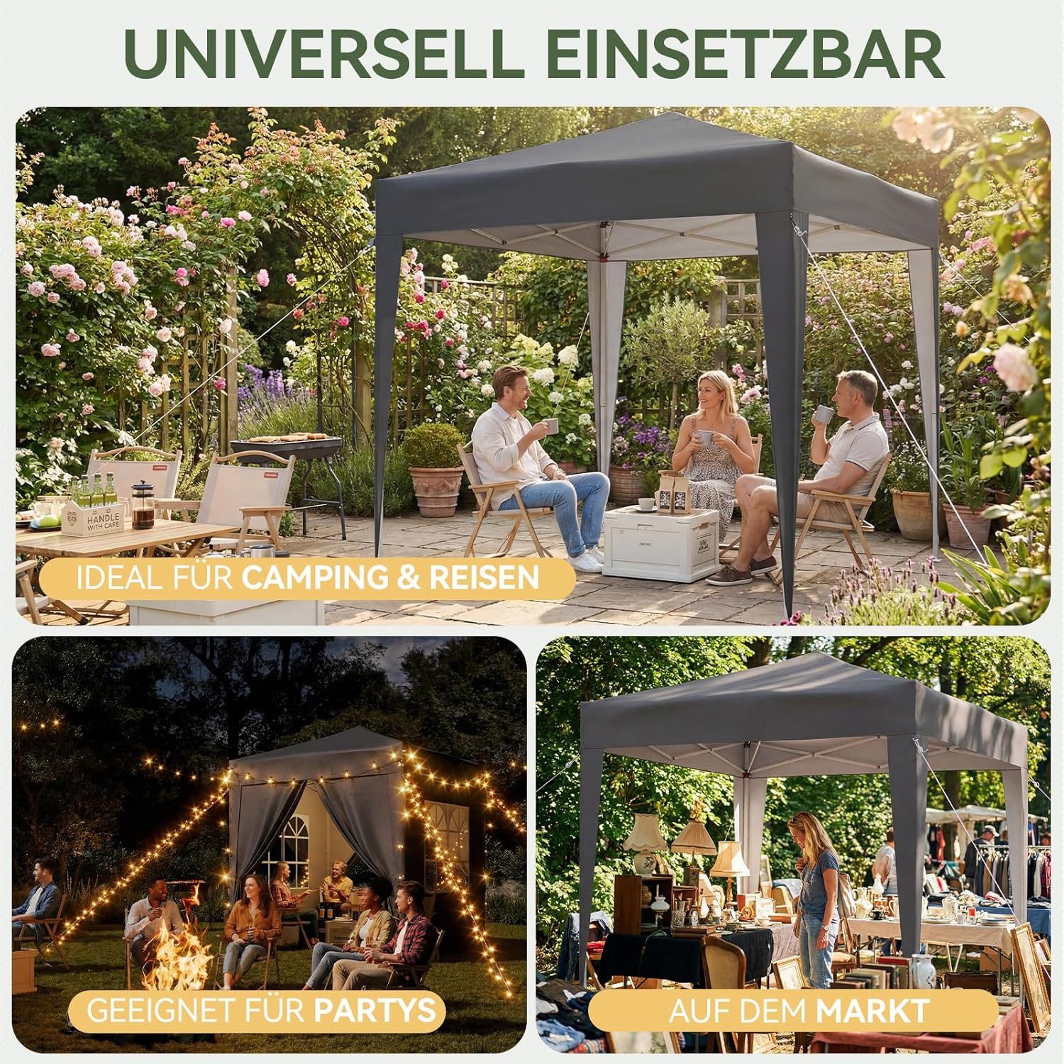 AOXUN Pavillon 2x2m Wasserdicht mit 4 Seitenwänden,Grau, für individuell anpassbare Belüftung, in drei Höhen verstellbar – Bild 4 von 5