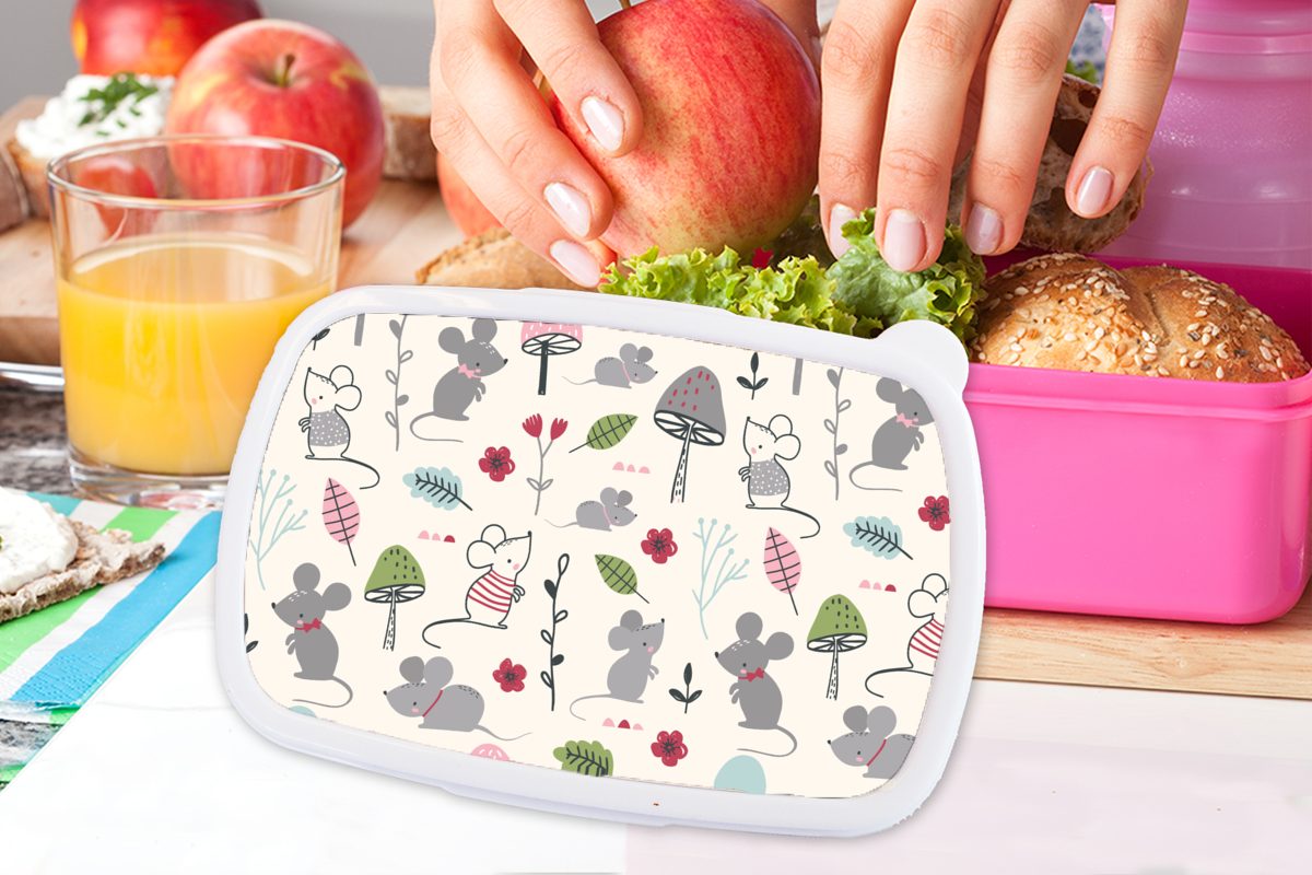 Mäuse Muster Herbst - Brotdose - Kunststoff Snackbox, rosa Brotbox (2-tlg), Lunchbox Kinder, für - Pilz, Erwachsene, Mädchen, Kunststoff, MuchoWow