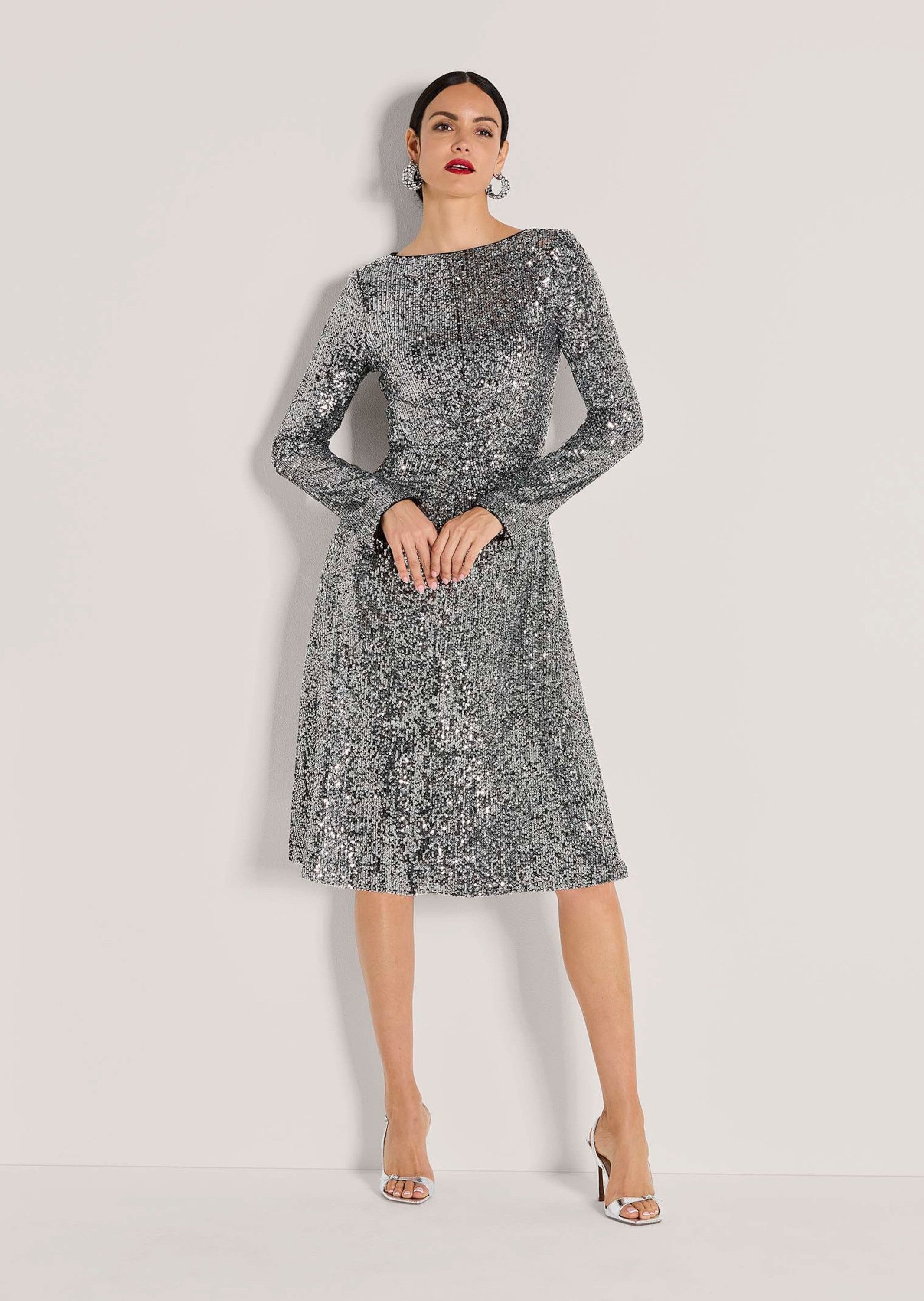MADELEINE Midikleid Abendkleid mit Glanzeffekt Stilvolles Eventkleid mit U-Boot-Ausschnitt und Langarm