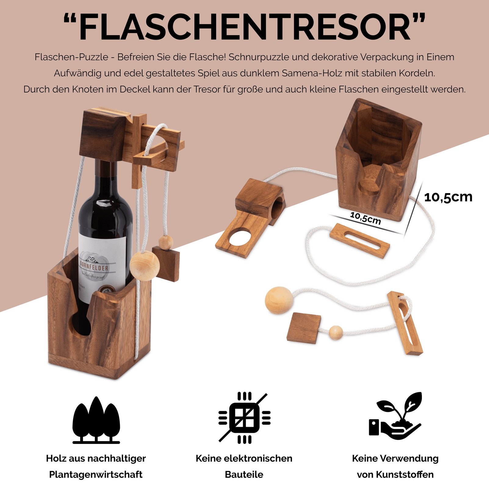 LOGOPLAY Flaschenhalter Flaschen-Tresor, (1-St), Flaschen-Tresor Holz Geschenkverpackung mit Knobelspiel