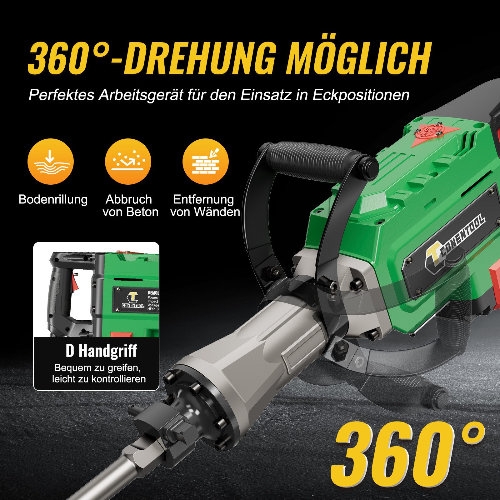 CONENTOOL Abbruchhammer, 3800 in W, für Sechskantschaft, (Set, 5-tlg) ink koffer und 2 MeiBel