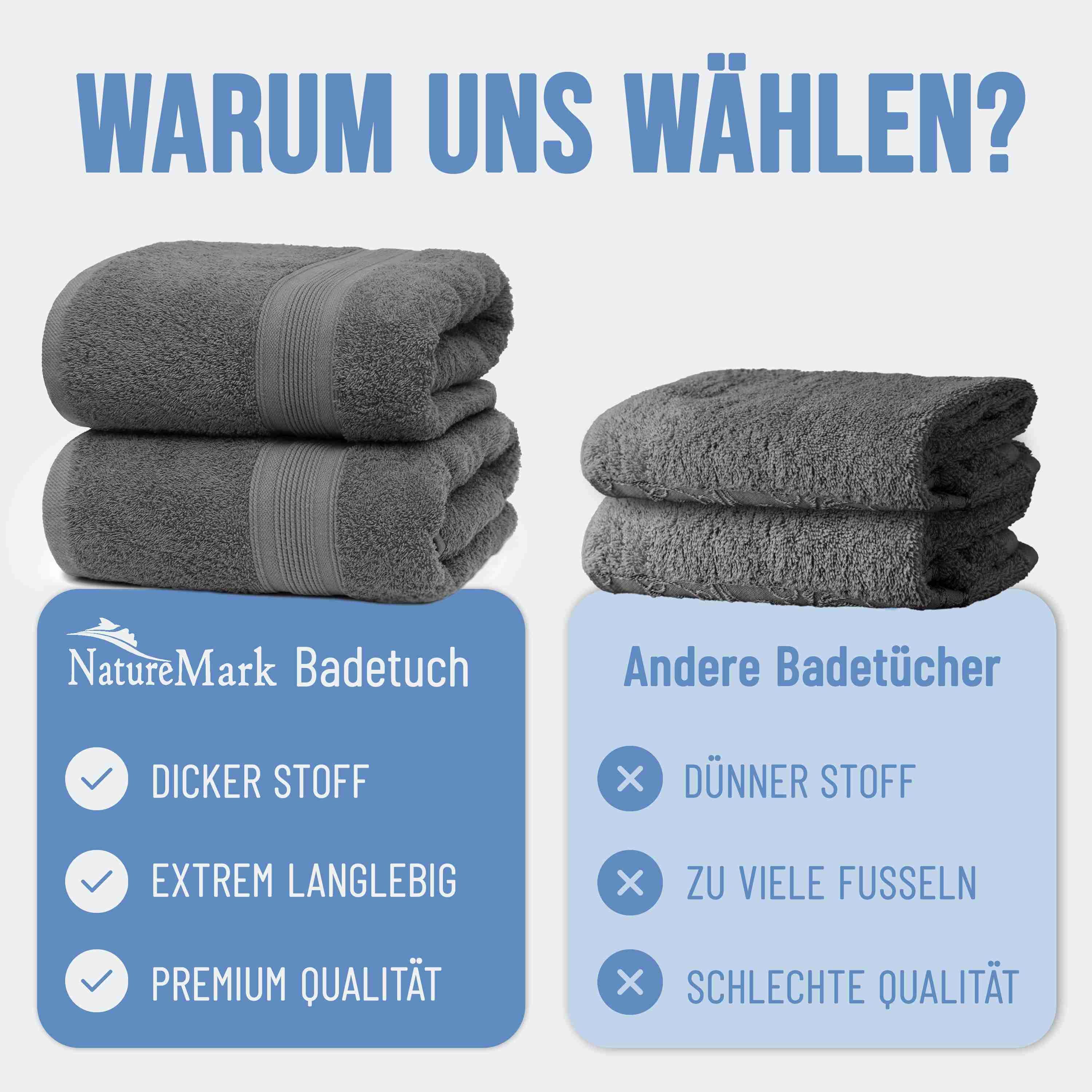 NatureMark Badetuch 2er-Set Frottier Badetücher 100x150cm, 100% Baumwolle (2-St), Premium Qualität, BADETUCH, Bade-Handtuch, 100x150cm, Anthrazit grau – Bild 5 von 5
