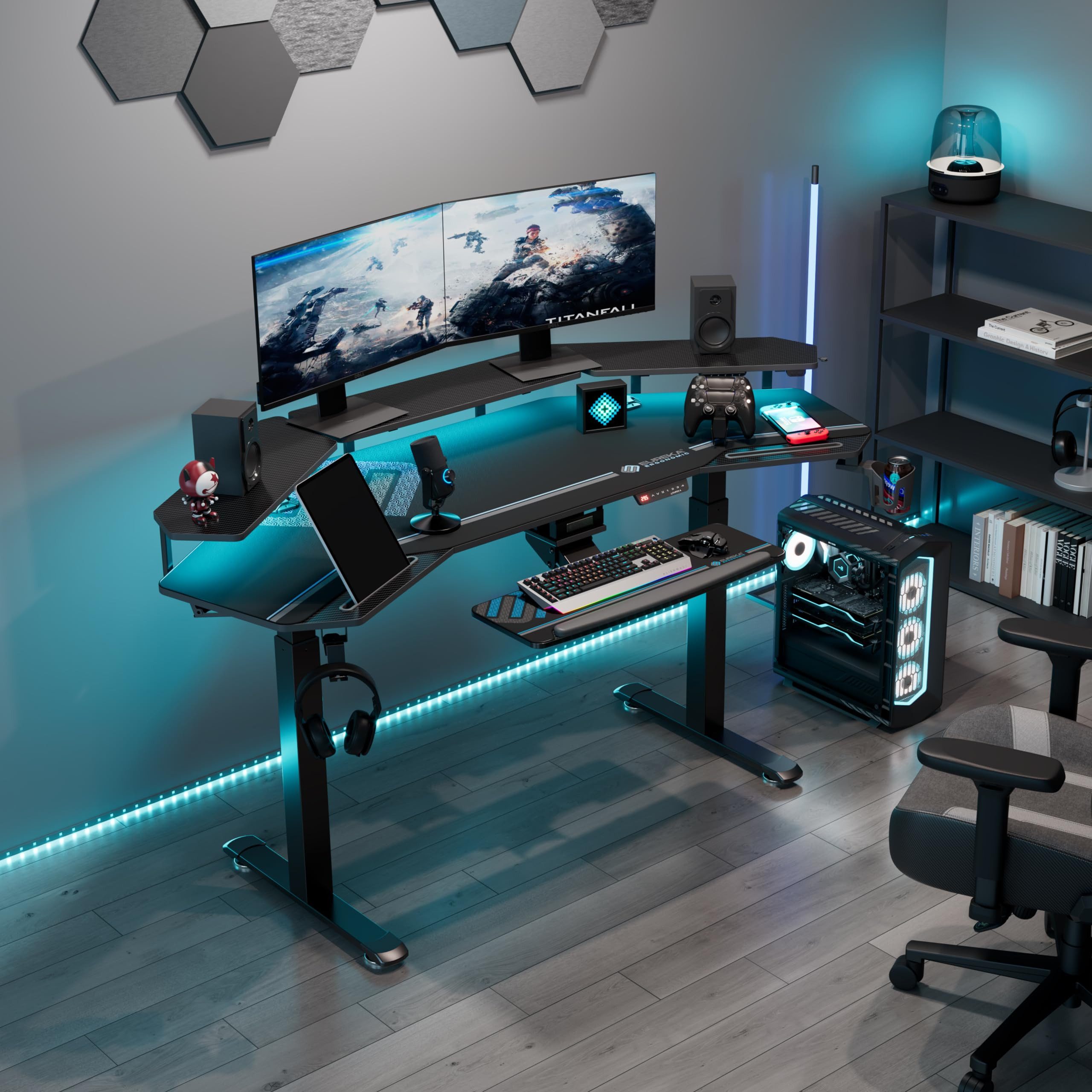EE EUREKA ERGONOMIC Stehpult Höhenverstellbar, Elektrisch Standing Desk, Groß Gaming Schreibtisch (mit Led Monitorständer und Tastaturablage, 2 Paket, Höhenverstellbar Computertisch), 182×76cm Flügelform Gaming Tisch, Lastkapazität 100 kg