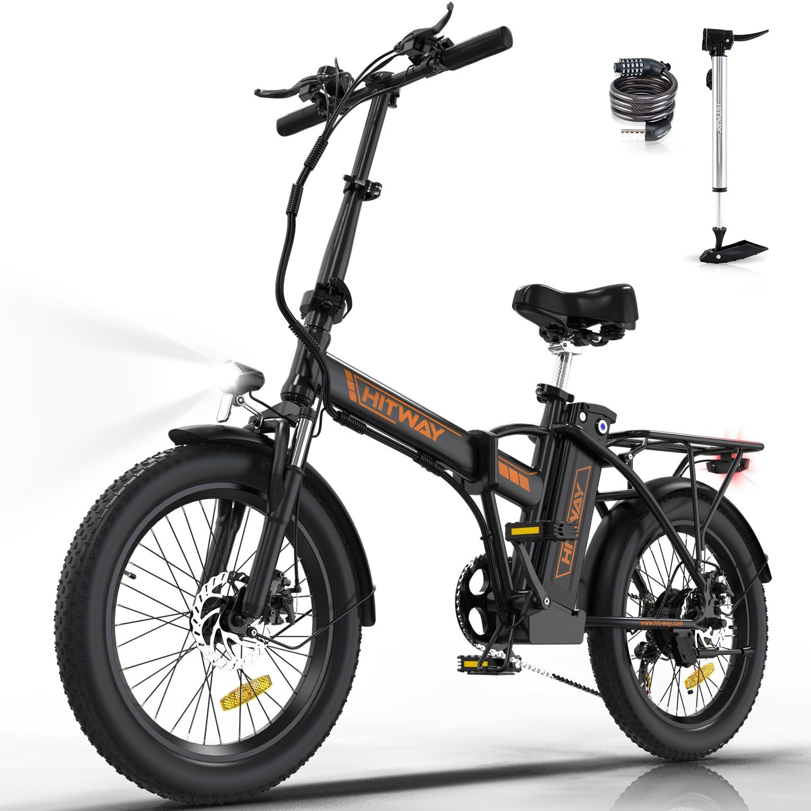 HITWAY E-Bike 20" 3,0 Fat Lufttire MTB klapprad,250W/36V/11,2Ah, 7 Gang SHIMANO, Kettenschaltung, Heckmotor, Damen/Herren, +Fahrradpump-Schloss,StVZO,E-Mountainbike orange