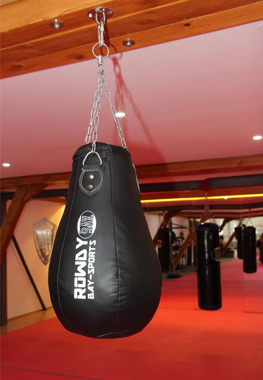 BAY-Sports Boxsack Maisbirne 60cm 15kg Schlagbirne Boxball Boxbirne Sandsack Vollkontakt (Set fix und fertig), fertig gefüllt, Kunstleder, Profi Qualität, Stahlkette, Drehkopf
