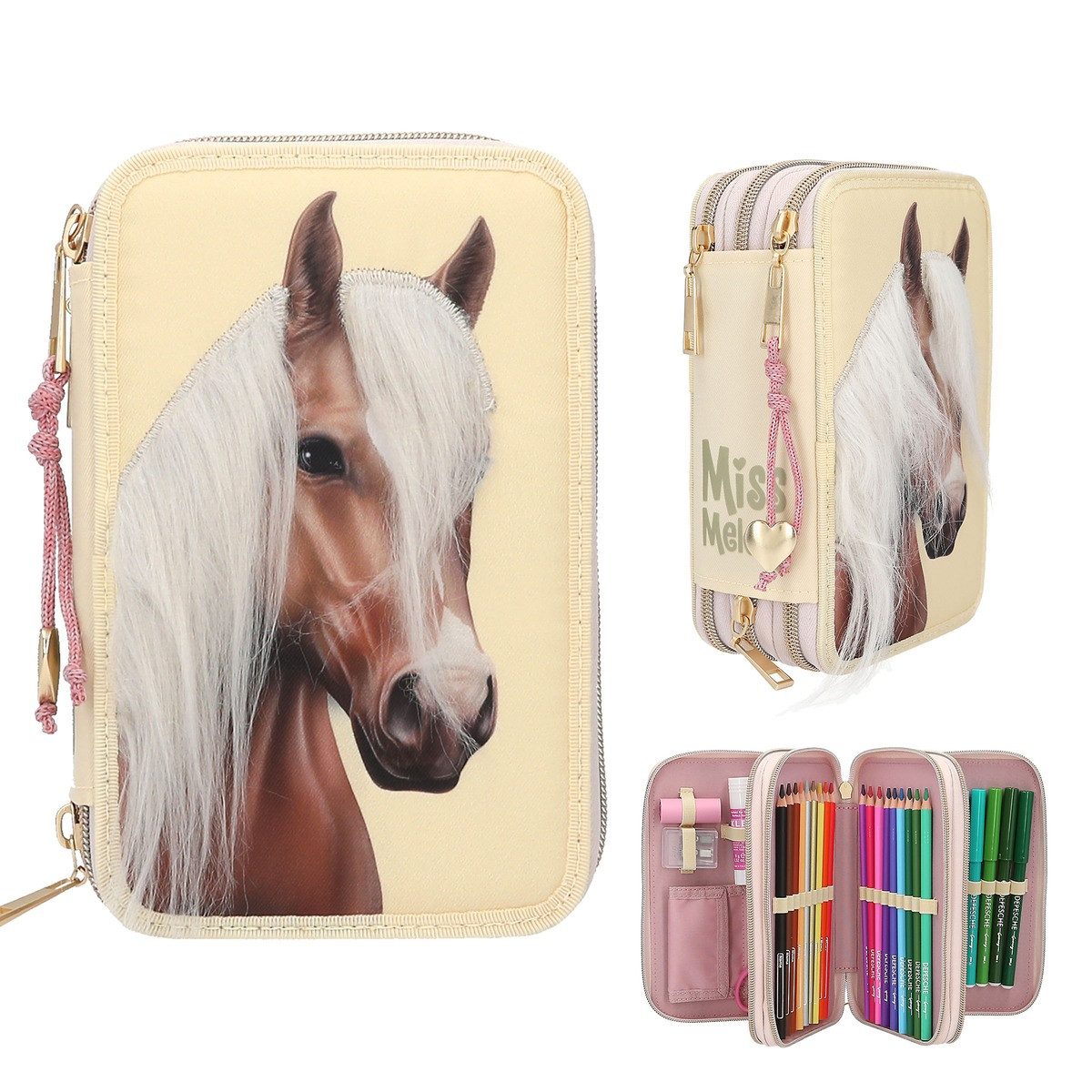 Depesche Federtasche DEPESCHE Miss Melody Federtasche mit Pferdekopf Applikation 3 Fächer