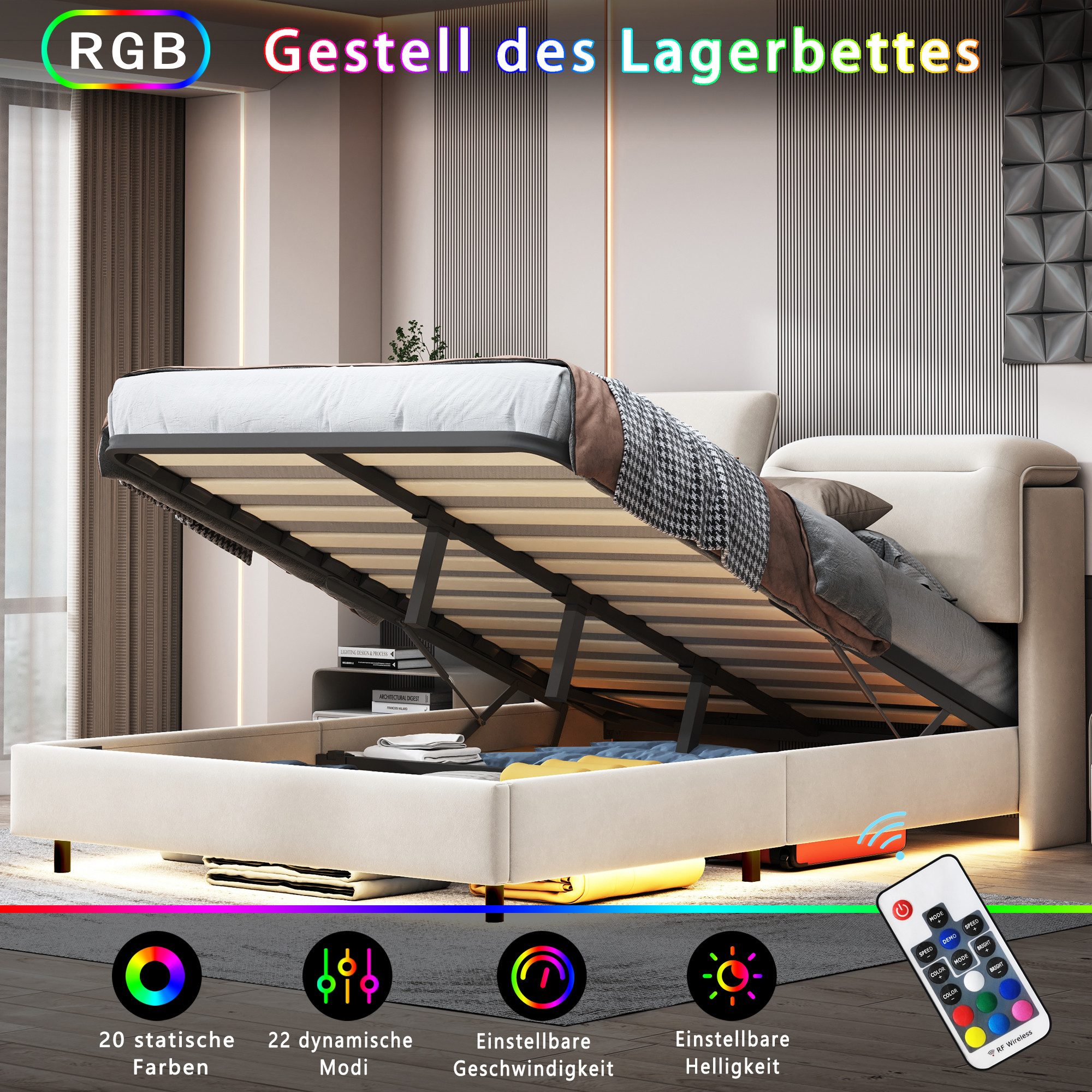 FUROKOY Boxspringbett LED Doppelbett Hydraulisches Polsterbett günstig online kaufen