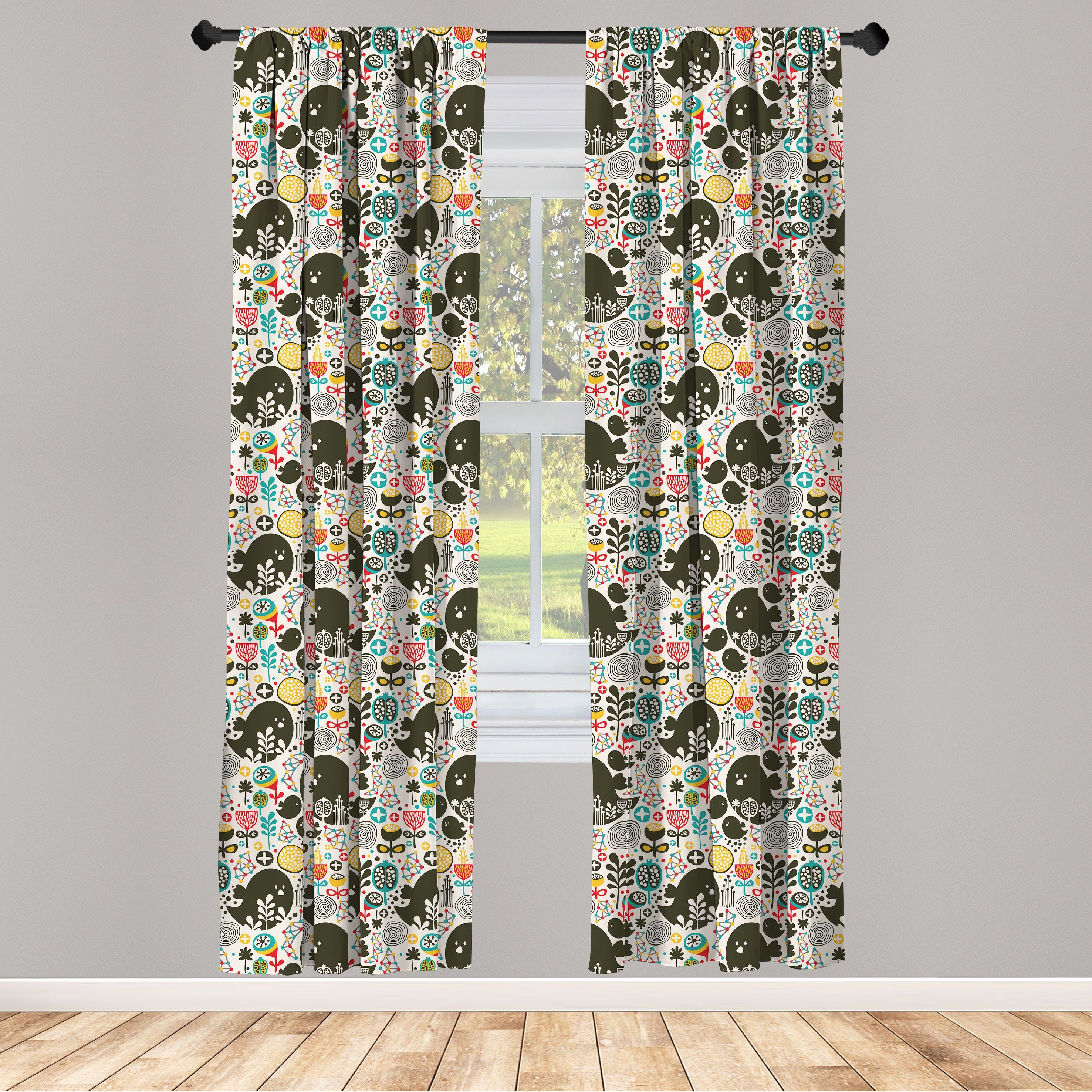 Gardine Vorhang für Wohnzimmer Schlafzimmer Dekor, Abakuhaus, Microfaser, Kunst Vögel Blumen Shapes