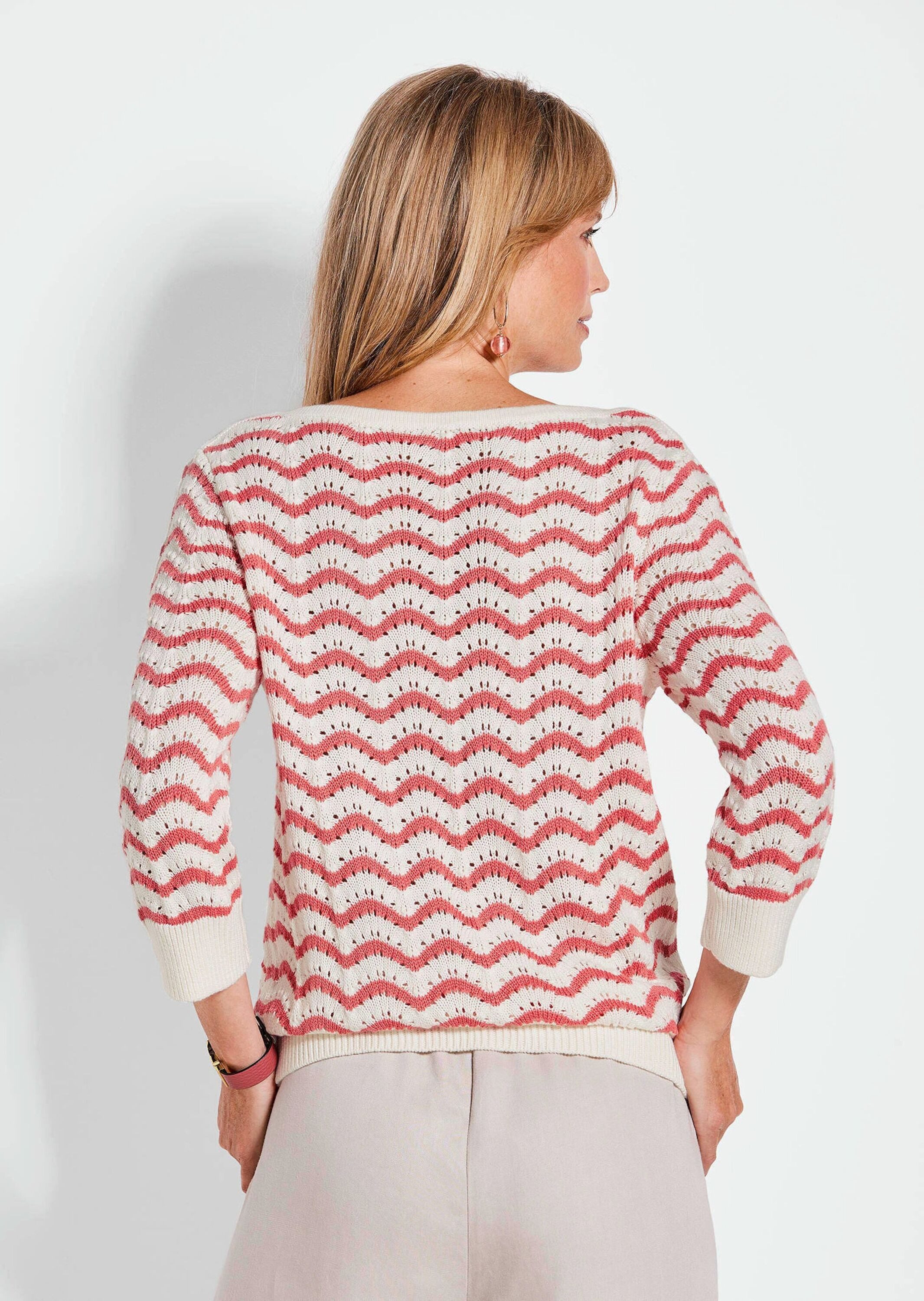 GOLDNER Strickpullover Ringelpullover mit 3/4-Arm und Ajourdetails Feines Strickoberteil aus Baumwollmix mit U-Boot-Ausschnitt