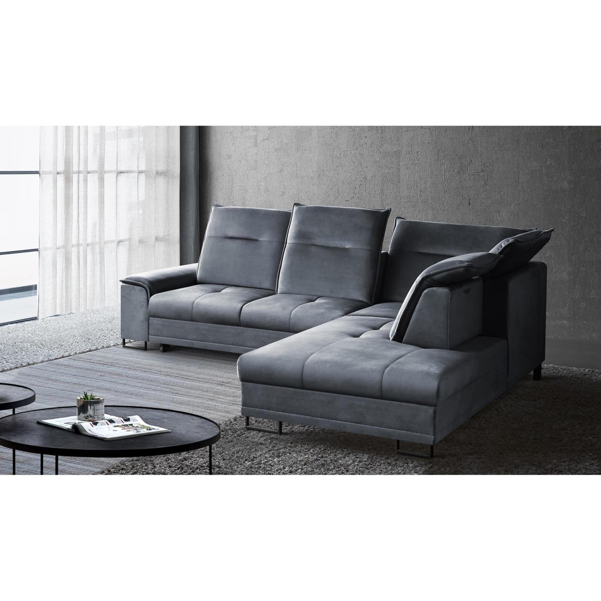 Beautysofa Ecksofa Bruno L, moderne Polsterecke aus Velours, Schlaffunktion, Bettkasten, verstellbaren Kopfstützen, verschiebbare Rückenlehne, stilvoll Corner Sofa für Wohnzimmer Anthrazit (element 23)