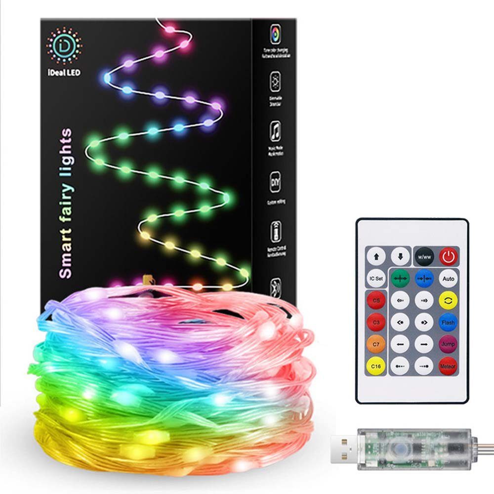 Rosnek LED-Lichterkette 10/20M, Smart, RGB, Wasserdicht, DIY Farbe, Musiksyn, für Weihnachten, App/Fernbedienung, USB; Schlafzimmer Vorhang Party Deko