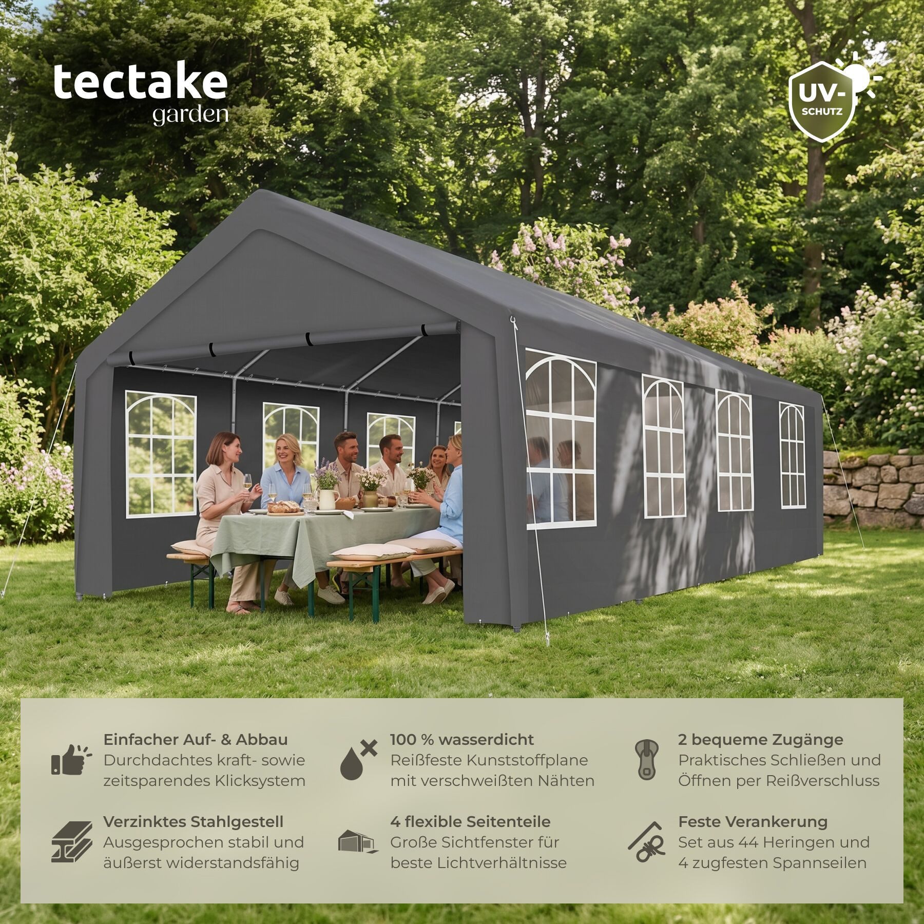 tectake Pavillon Festzelt 4 x 8 m wasserdicht mit UV-Schutz, abnehmbare Seitenteile, mit 4 Seitenteilen, (Partyzelt Wasserdicht Mammut, in Grau), Stahlgestell m – Bild 2 von 5