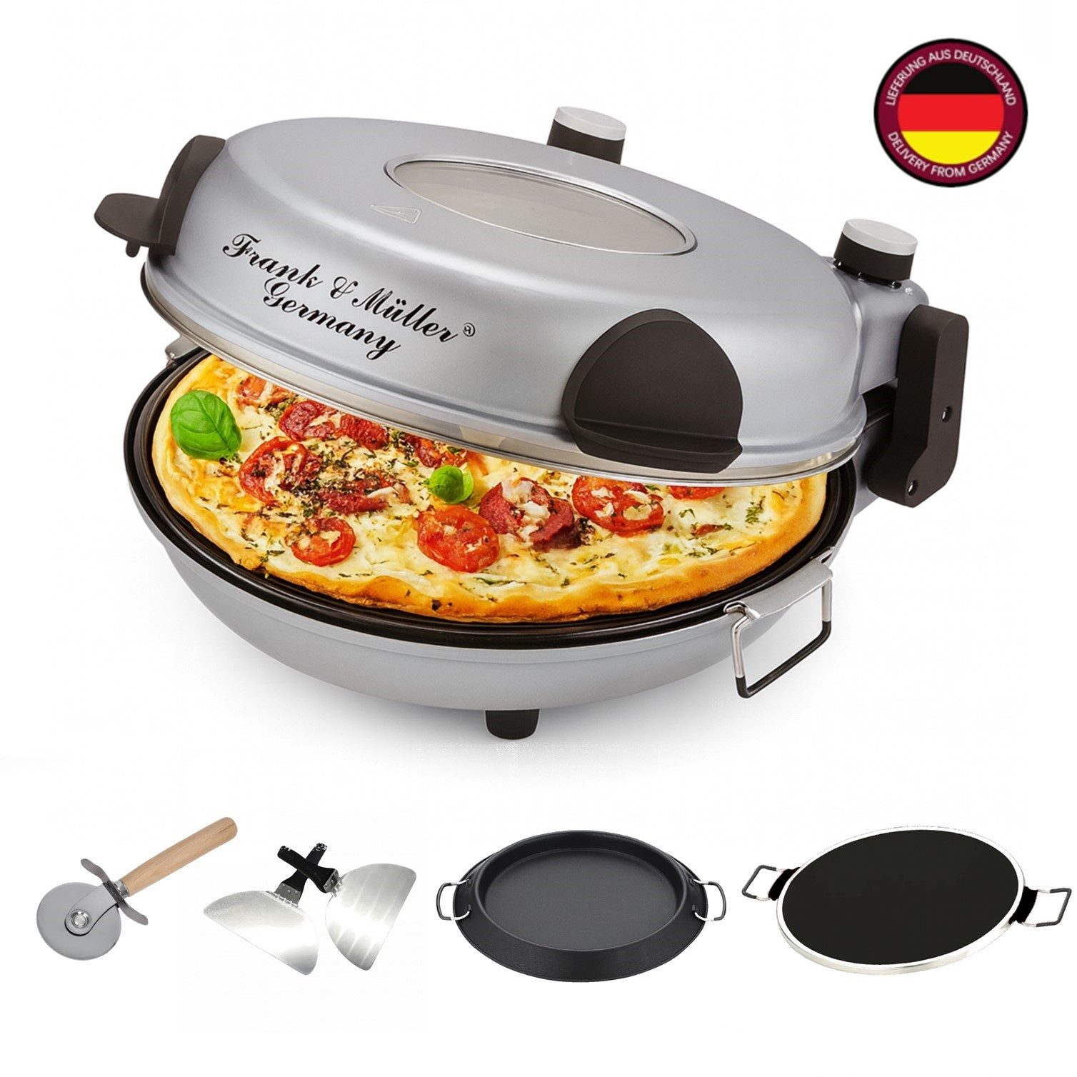 HOOZ Pizzaofen Frank & Müller Pizzaofen 350 °C mit Stein, Timer & Zubehör, 32 cm, Großes Sichtfenster zur Kontrolle des Backvorgangs