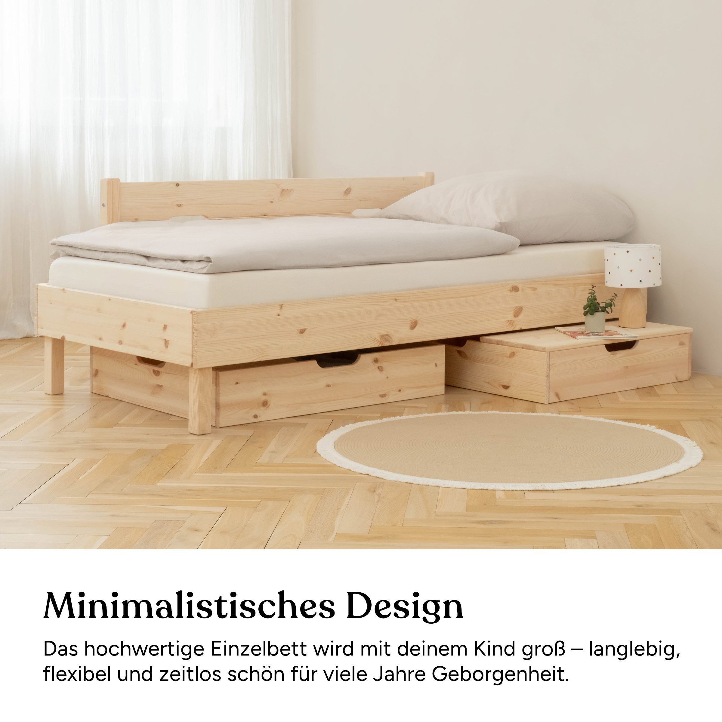 Ehrenkind Holzbett Plano, Modulares Familienbett, FSC® Zertifiziert (Einzelbett, 90x200 cm, Kiefernholz naturbelassen, 2‑in‑1 Höhe (Bodenbett oder Standard), Modular und Höhenverstellbar