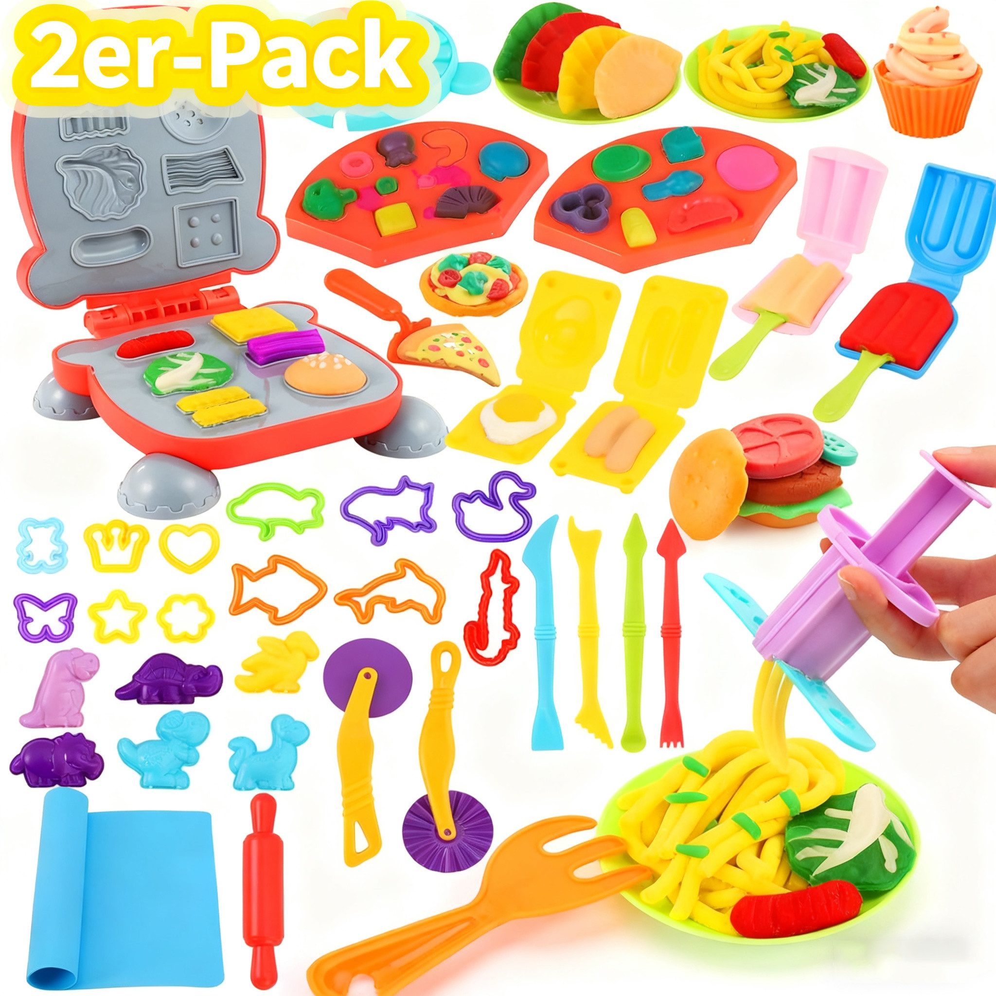POPOLIC Spiellebensmittel Knete Zubehör,48 St Knete Set Gehören Hamburger-Maker,Knete-Werkzeuge, (2-tlg., Eismaschine, Nudeln, Pizza Knetwerkzeug für Kinder Küchenspielzeug), Kitchen Creations Spielzeug Geschenk Mädchen Junge