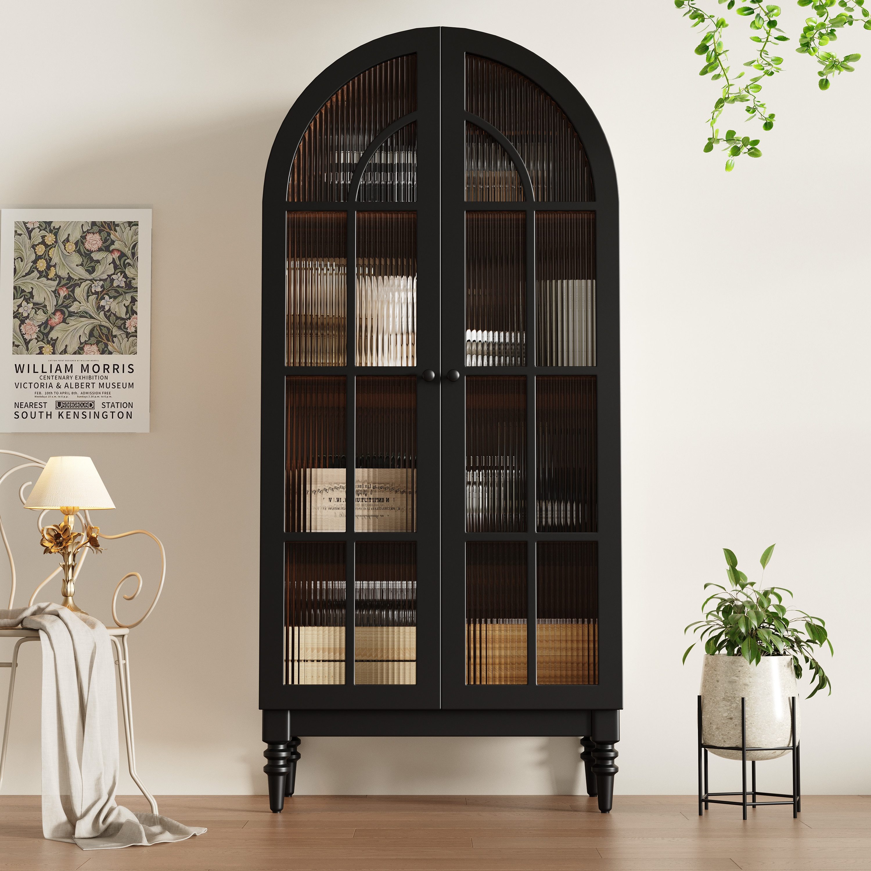 Flieks Hochschrank Bogen-Mehrzweckschrank Glasvitrine mit Glastüren, Retro-Holzfüßen (Aufbewahrungsschrank mit Bogenform für Wohn- und Schlafzimmer, 1-St., B76/T38,5/H165 cm) Vitrine mit 4 Fächern Sideboard Holzoptik, Walnussfarbe & Schwarz