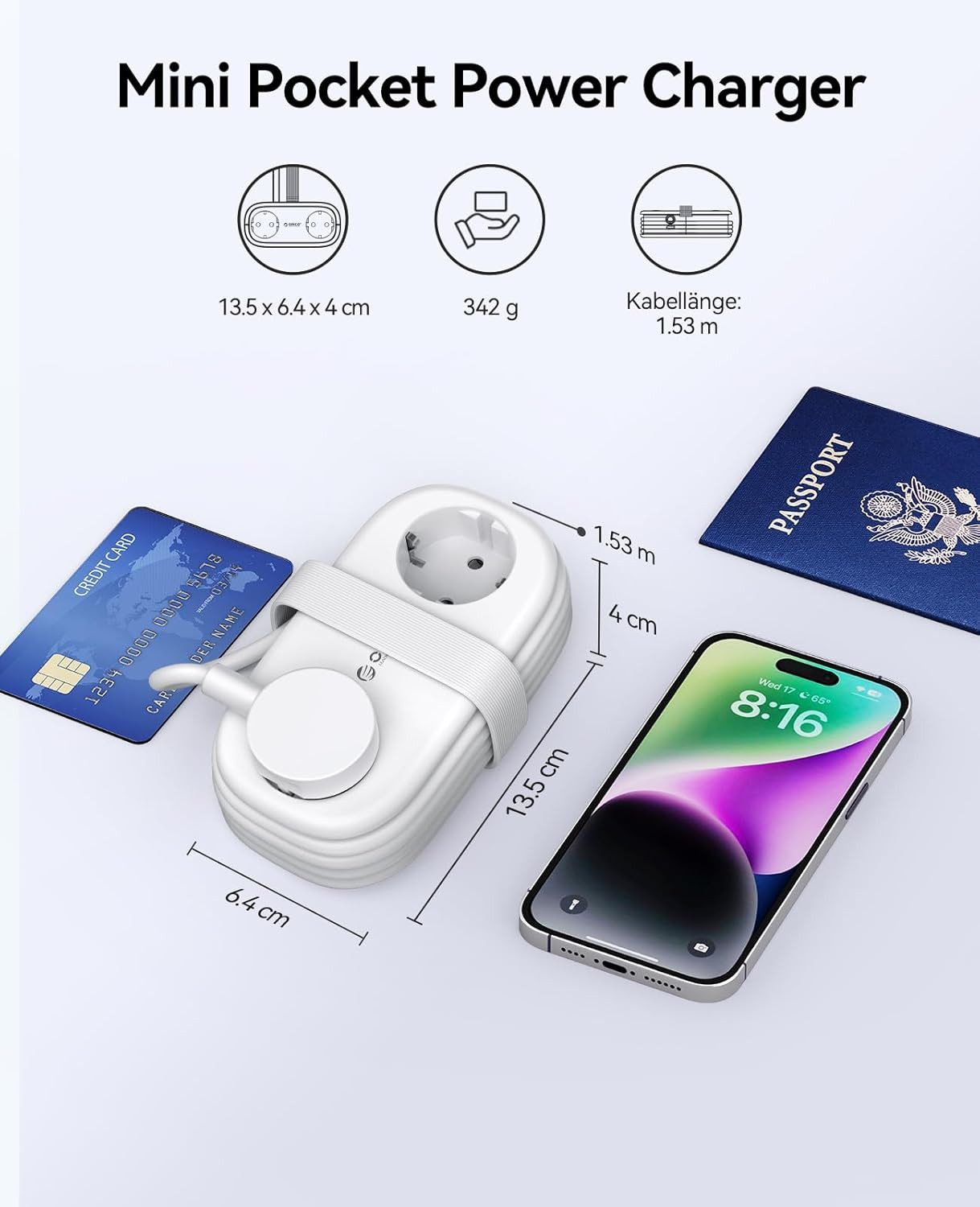 ORICO Steckdose AP3 20W Reisesteckdosenleiste mit USB-C PD, 1,5 m Kabel – kompakt für Reise & Home Office, 1-St., 2 Steckdosen & 3 USB-Anschlüssen, für Haushalt – Bild 4 von 5