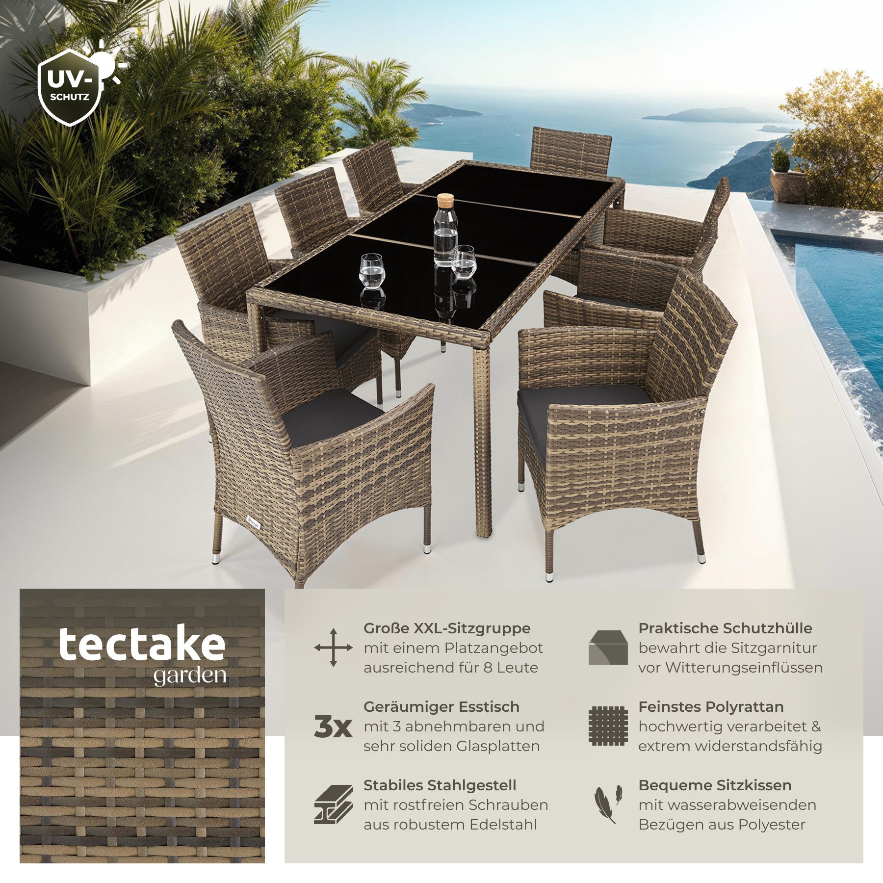 tectake Sitzgruppe Rattan Gartenlounge für 8 Personen, inklusive Schutzhülle, (Loungeset Almansa, 9-tlg., für Außen in Naturfarben/Dunkelgrau), widerstandsfähig, UV-beständig, mit Sicherheitsglasplatten