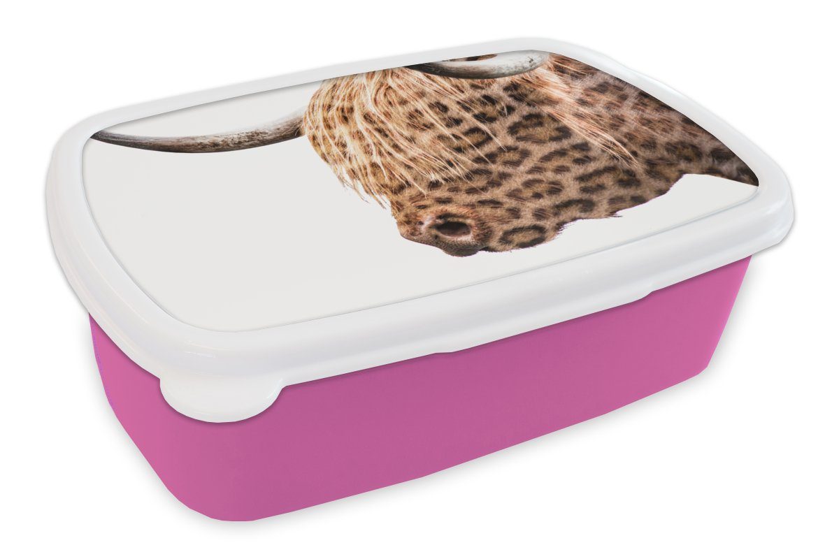 MuchoWow Lunchbox Schottischer Highlander - Pantherdruck - Weiß, Kunststoff, (2-tlg), Brotbox für Erwachsene, Brotdose Kinder, Snackbox, Mädchen, Kunststoff rosa