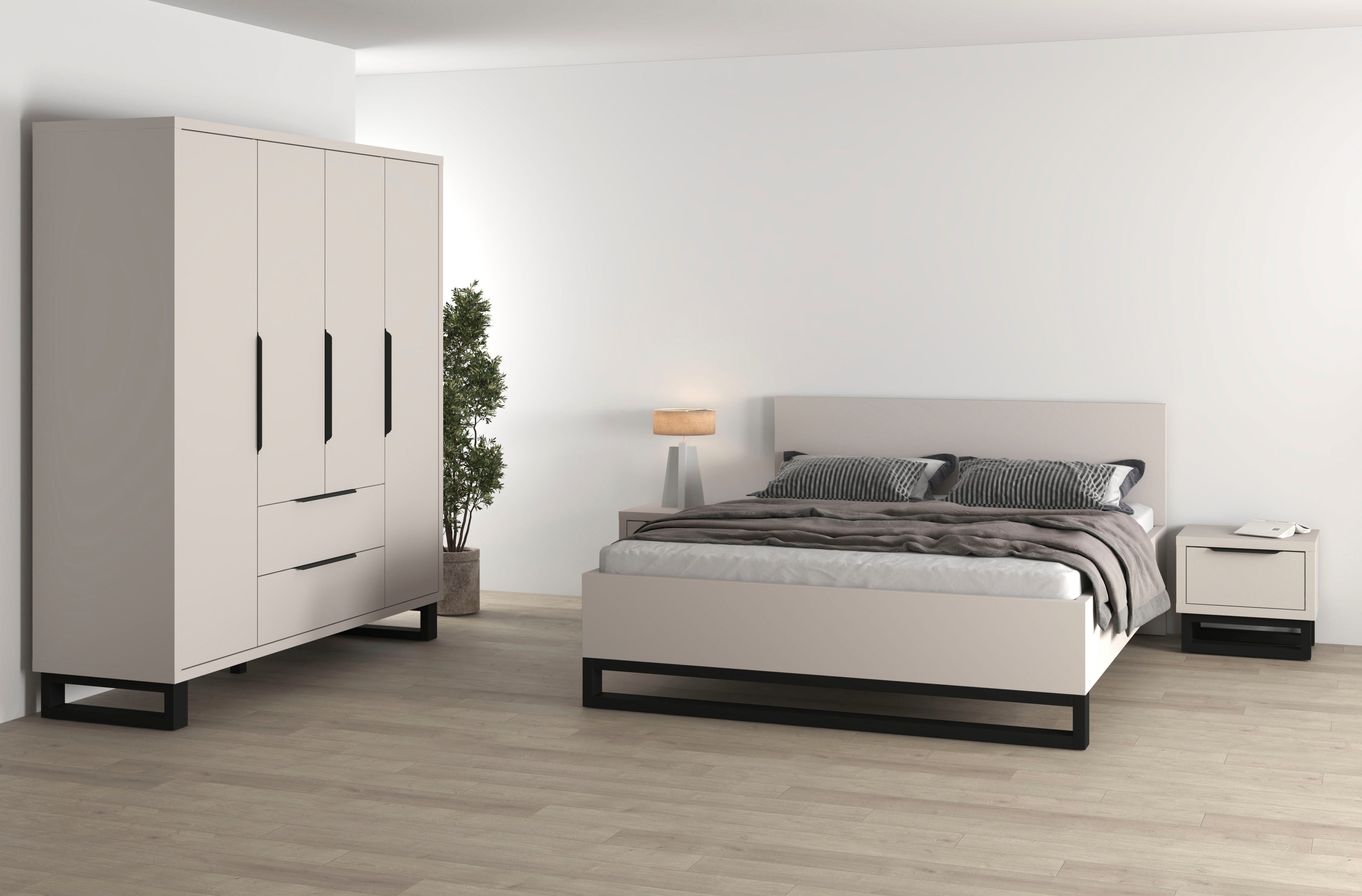 Home affaire Schlafzimmer-Set Bronne,Komplettschlafzimmer (Set,4-St), (4-tlg), Schlafzimmer-Set,Schrank 4Trg 2xNako, Bett180/200, Kufen Metalloptik