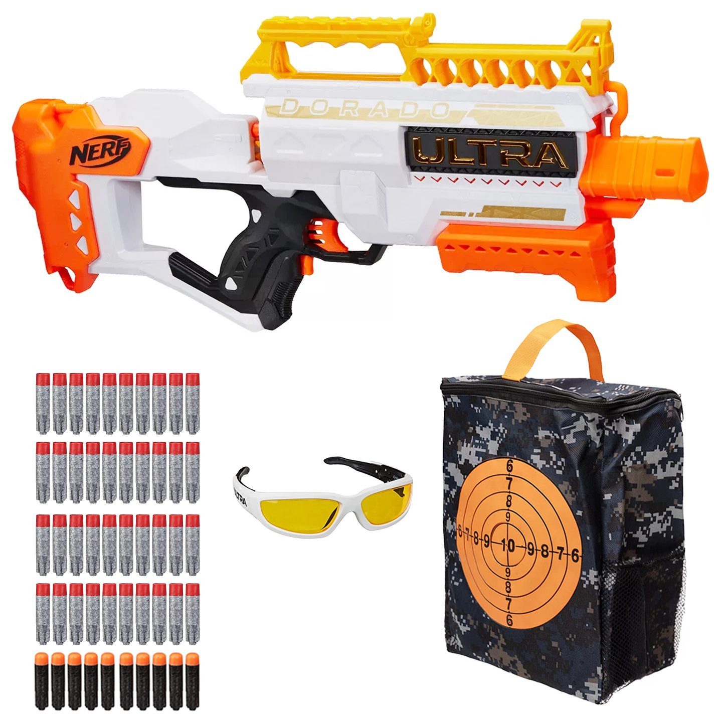 Hasbro Blaster Motorisierter Blaster im Set mit Schutzbrille, Tas, Das umfangreiche Set enthält den motorisierten Nerf Ultra Dorado Blas