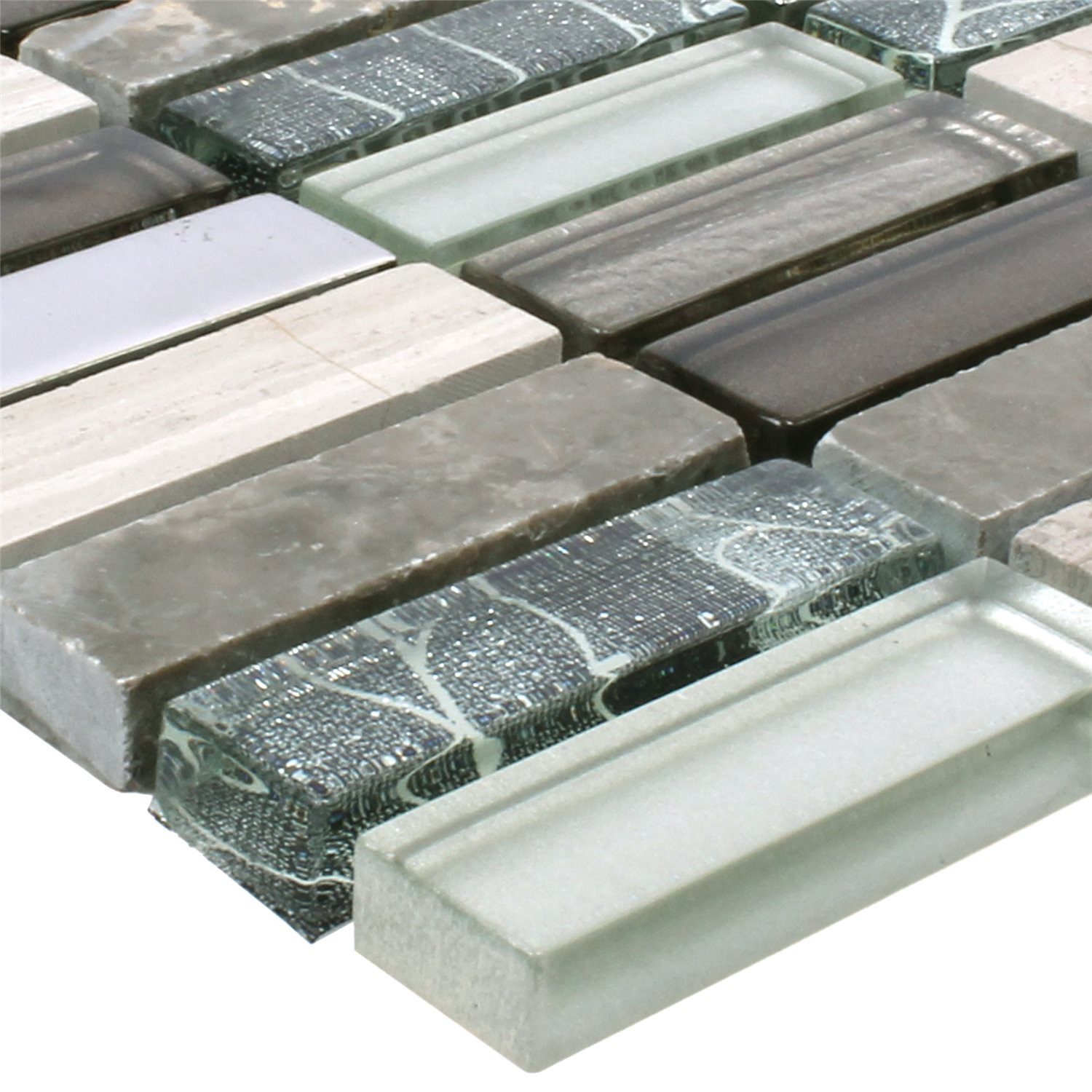 Mosafil Mosaikfliesen Glas Naturstein Mosaikfliesen Magia Mix Stäbchen, Naturstein-Glas 30.400x29.800, schwarz-braun-grau-silber-hellbraun, Verlegefertig auf ein Netz geklebt - Wasserfest