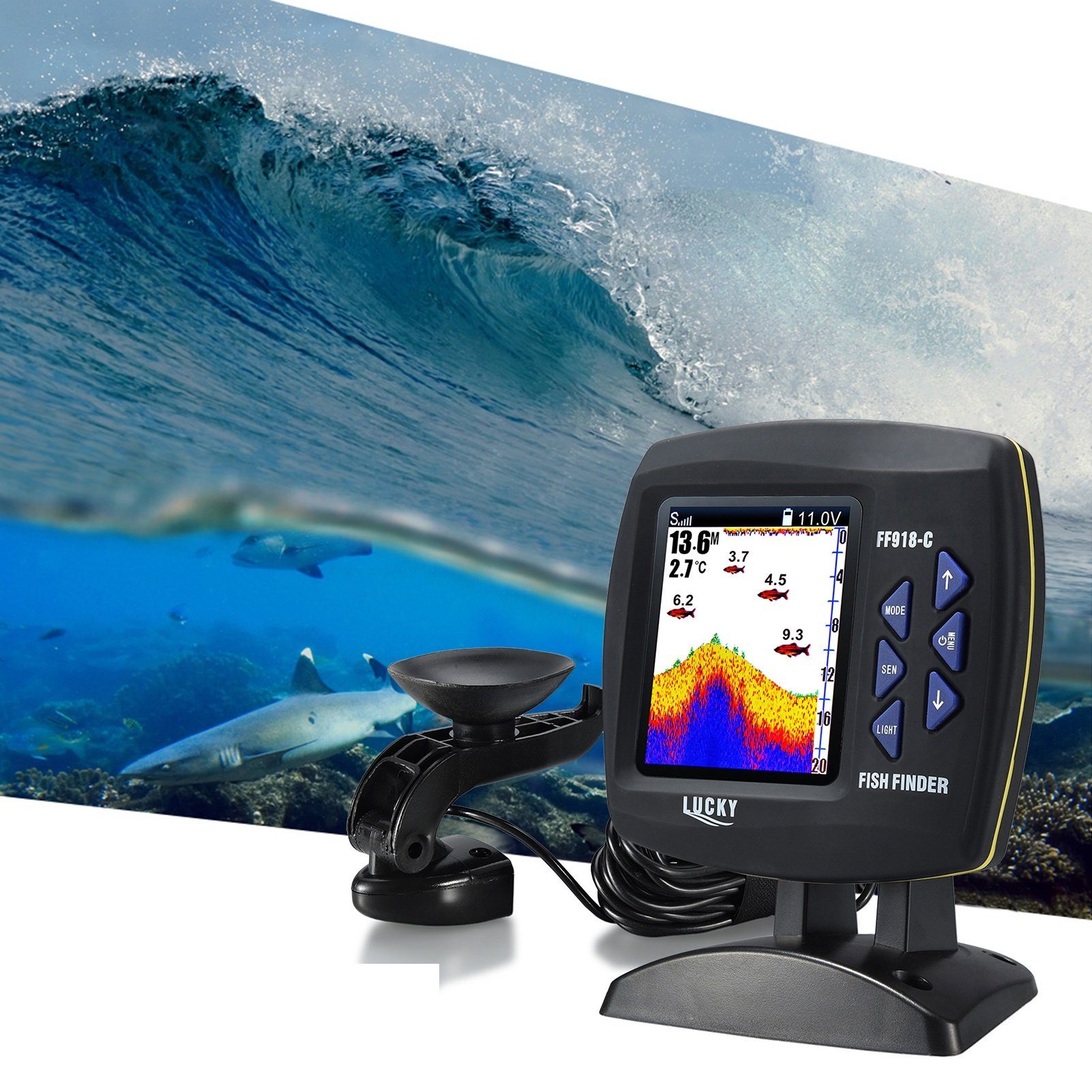 Tidyard Fischfinder Lucky Fischfinder,Kontrastreiche LCD,Angeln konzipiert, (Sonarabdeckung: 45 Grad Abstrahlwinkel in 200 Khz), Tiefenbereich, Flachwasseralarm, Fischalarm