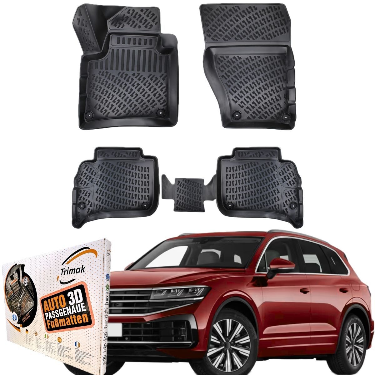 Trimak Passform-Fußmatten Oder Kofferraumwanne Oder Set kompatibel mit Volkswagen Touareg, Volkswagen Touareg 3. Gen. ab 2018 Gummimatten Auto TPE Allwetter