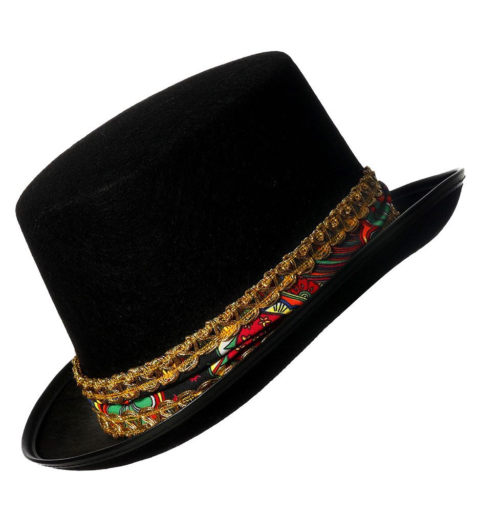 Karneval-Klamotten Kostüm Zylinder Hut schwarz mit Borde gold Herren Damen, Damenhut Herrenhut Zylinder Tolles Party Accessoire Karneval Fasching