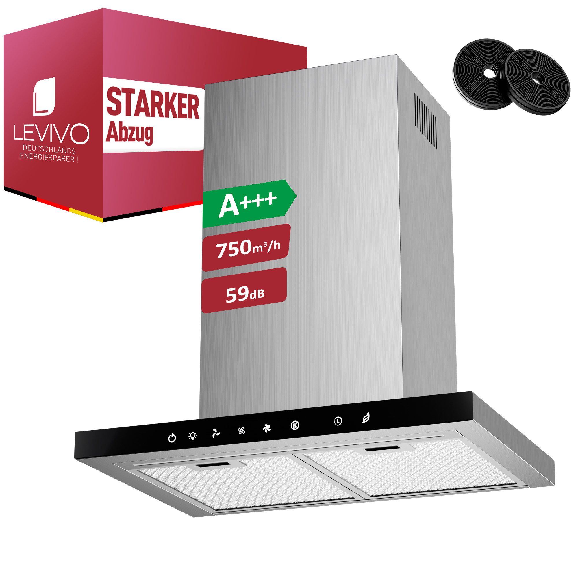Levivo Wandhaube A+++ Dunstabzugshaube 60cm Umluft & Abluft mit 750 m³/h A+++ Dunstabzugshaube 60cm Umluft & Abluft mit 750 m³/h, Aktivkohlefiltern, Fettfiltern, LED-Beleuchtung