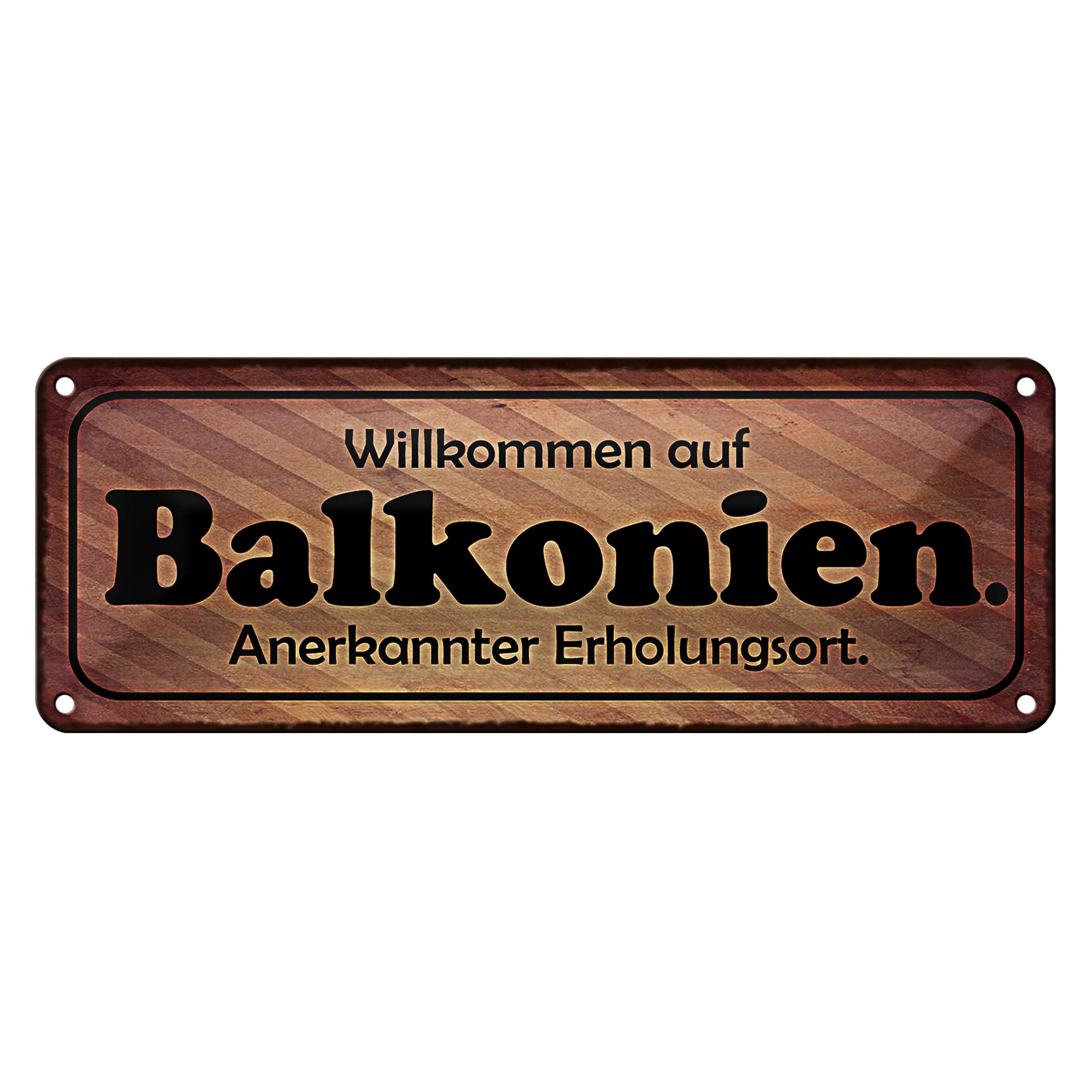 Metallschild Blechschild Spruch 27x10cm Willkommen auf Balkonien Dekoration