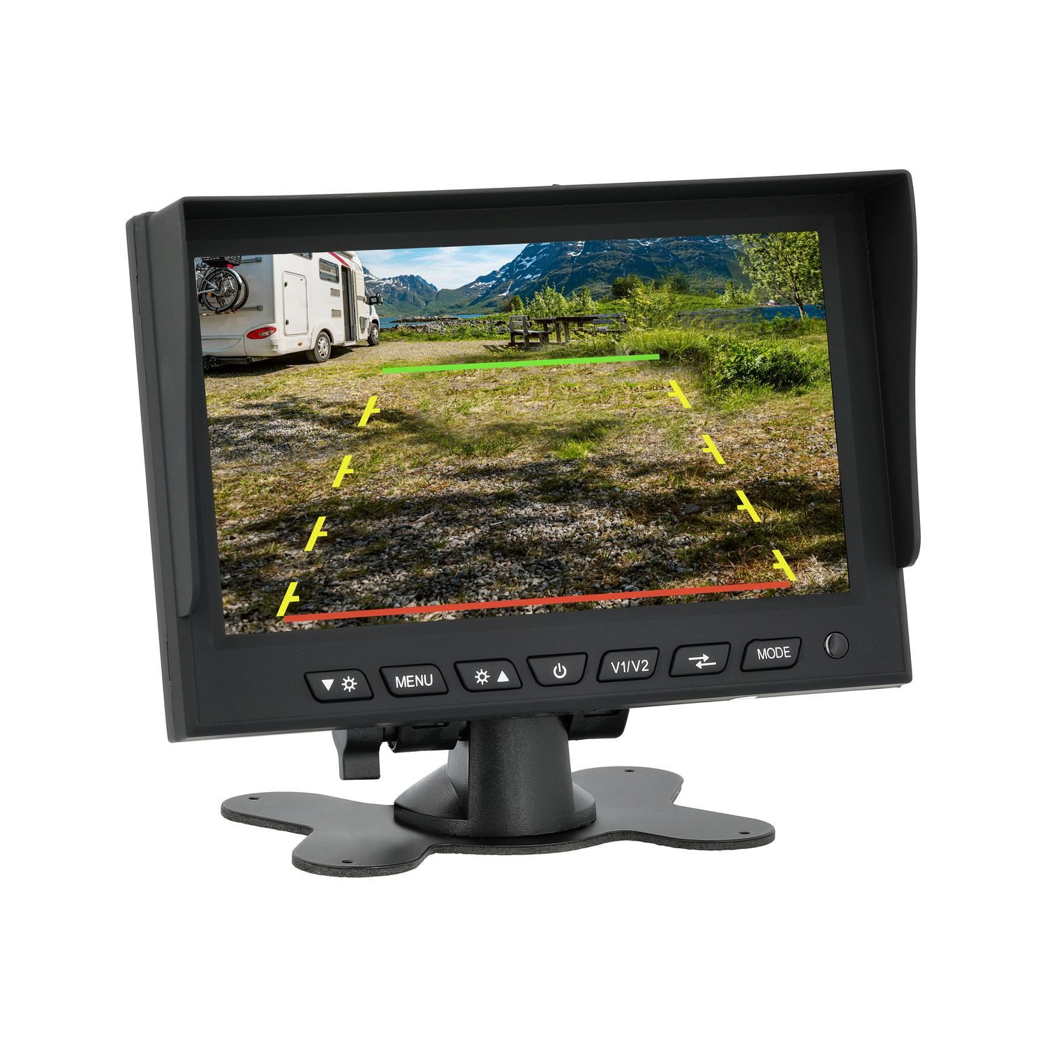 VSG24 7" Rückfahrmonitor TRAVELER mit justierbaren Parklinien für Wohnmobile Rückfahrkamera (schlankes Design, 2 Kameraeingänge, Audio, Blendschutz, für 12V-32V)