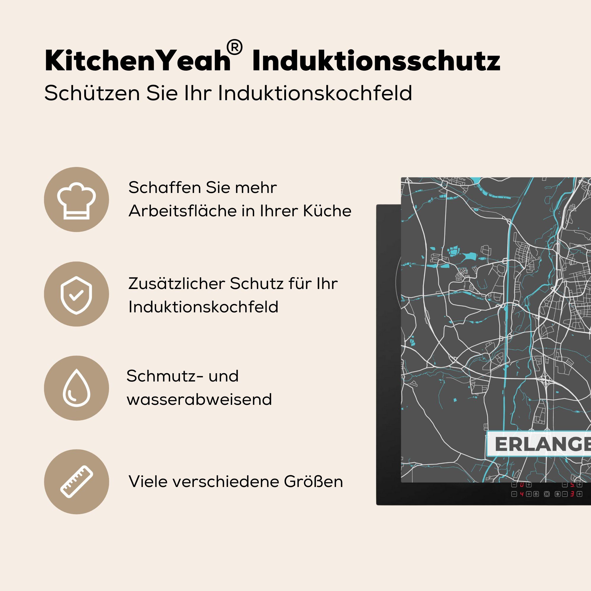 MuchoWow Herdblende-/Abdeckplatte Deutschland Stadtplan Vinyl, Arbeitsplatte küche Karte, tlg), (1 für 78x78 Erlangen - Ceranfeldabdeckung, - Blau - cm, 