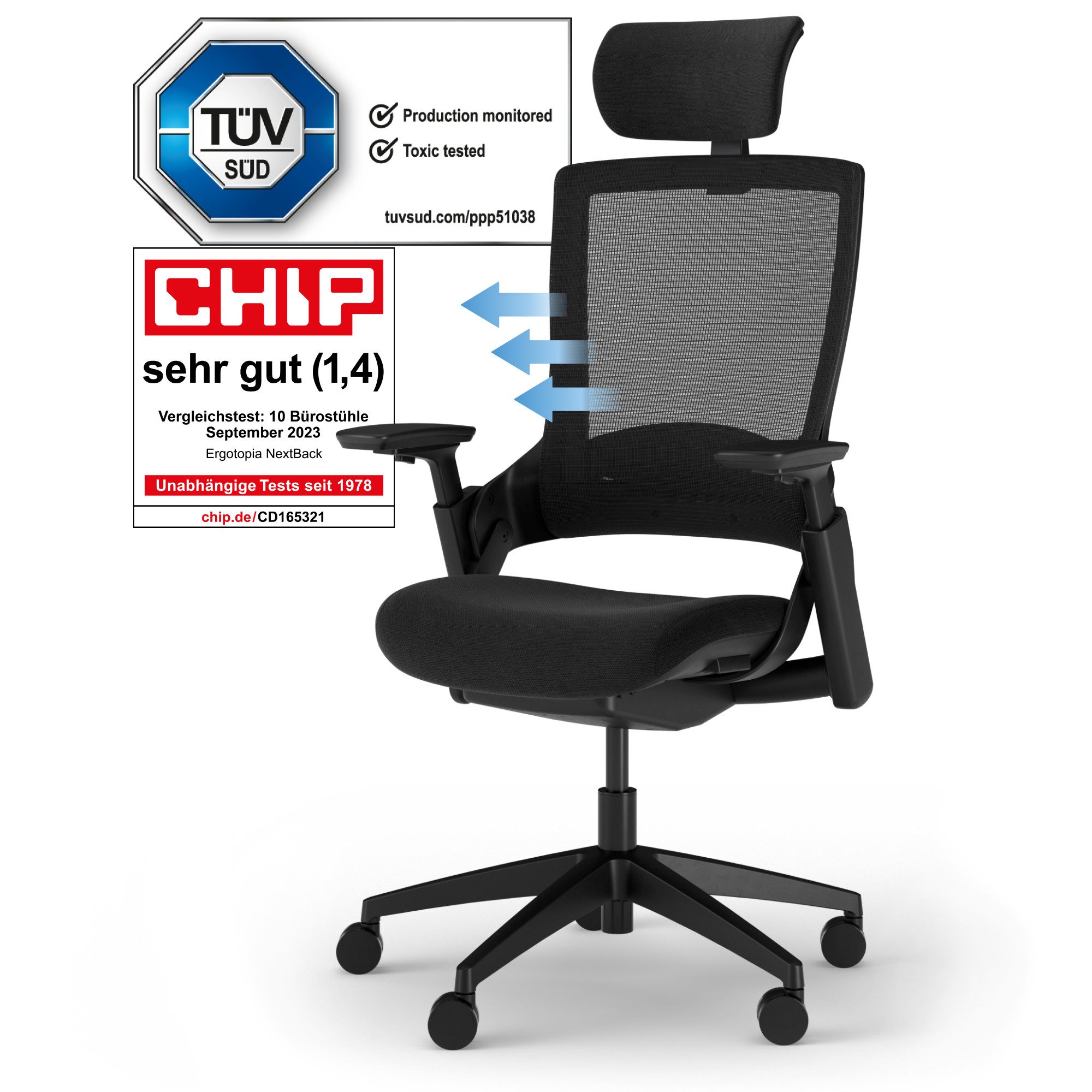 Ergotopia Bürostuhl ergonomischer Schreibtischstuhl NextBack, Drehstuhl mit 3D Armlehnen & verstellbarer Kopfstütze