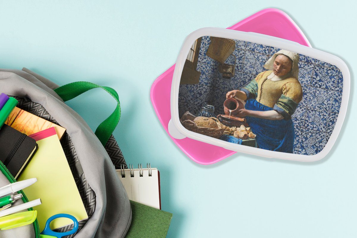- rosa Vermeer - Brotbox für Meister, Mädchen, Alte Blau Kunststoff, Kunststoff Erwachsene, MuchoWow Kinder, Brotdose Delfter - Milchmädchen Lunchbox - Gemälde Snackbox, (2-tlg),