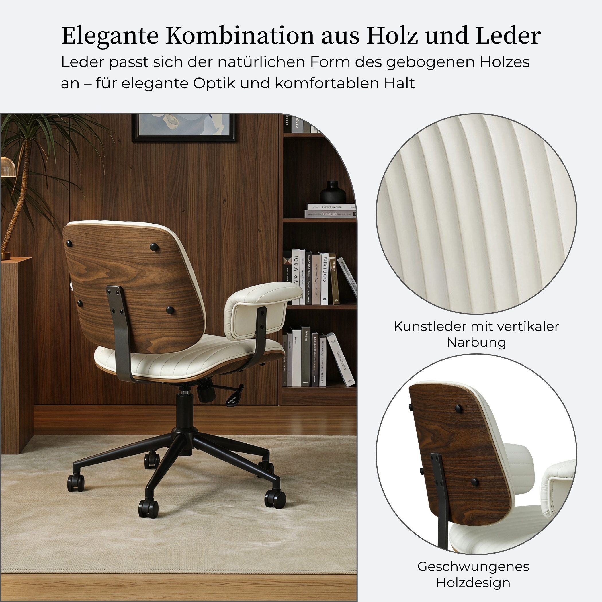 SeedWave Bürostuhl Ergonomischer Drehstuhl Wippbar mit Gebogener Holzschale & Armlehnen, Industrial Design, Kunstleder Home office chair mit leisen Rollen