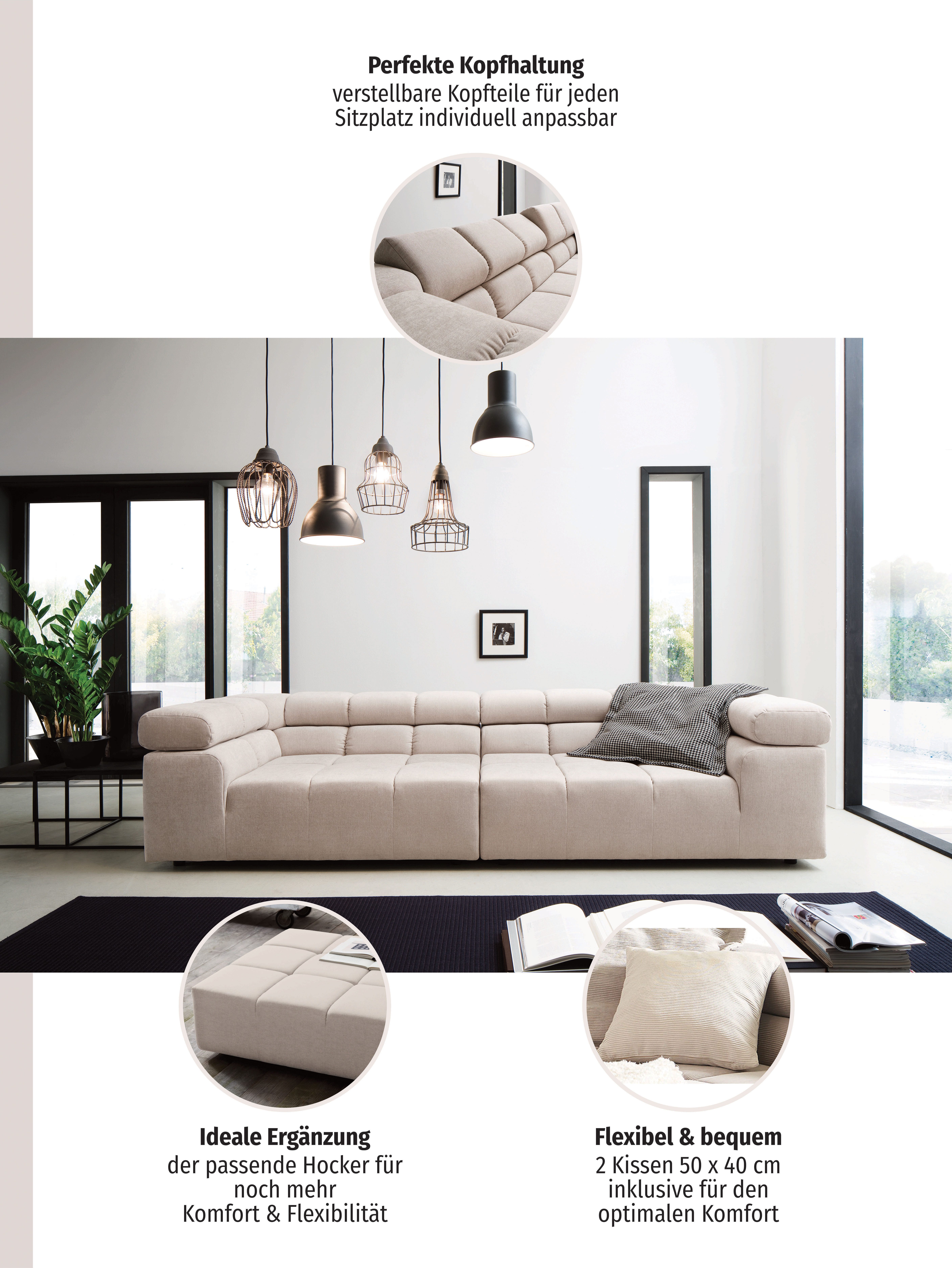 Home affaire Big-Sofa Ancona modern, elegant, bequem, viel Platz, B/T/H: 290/110/70 cm, auffällige Steppung, inkl. 2 Zierkissen und verstellbaren Kopfstützen