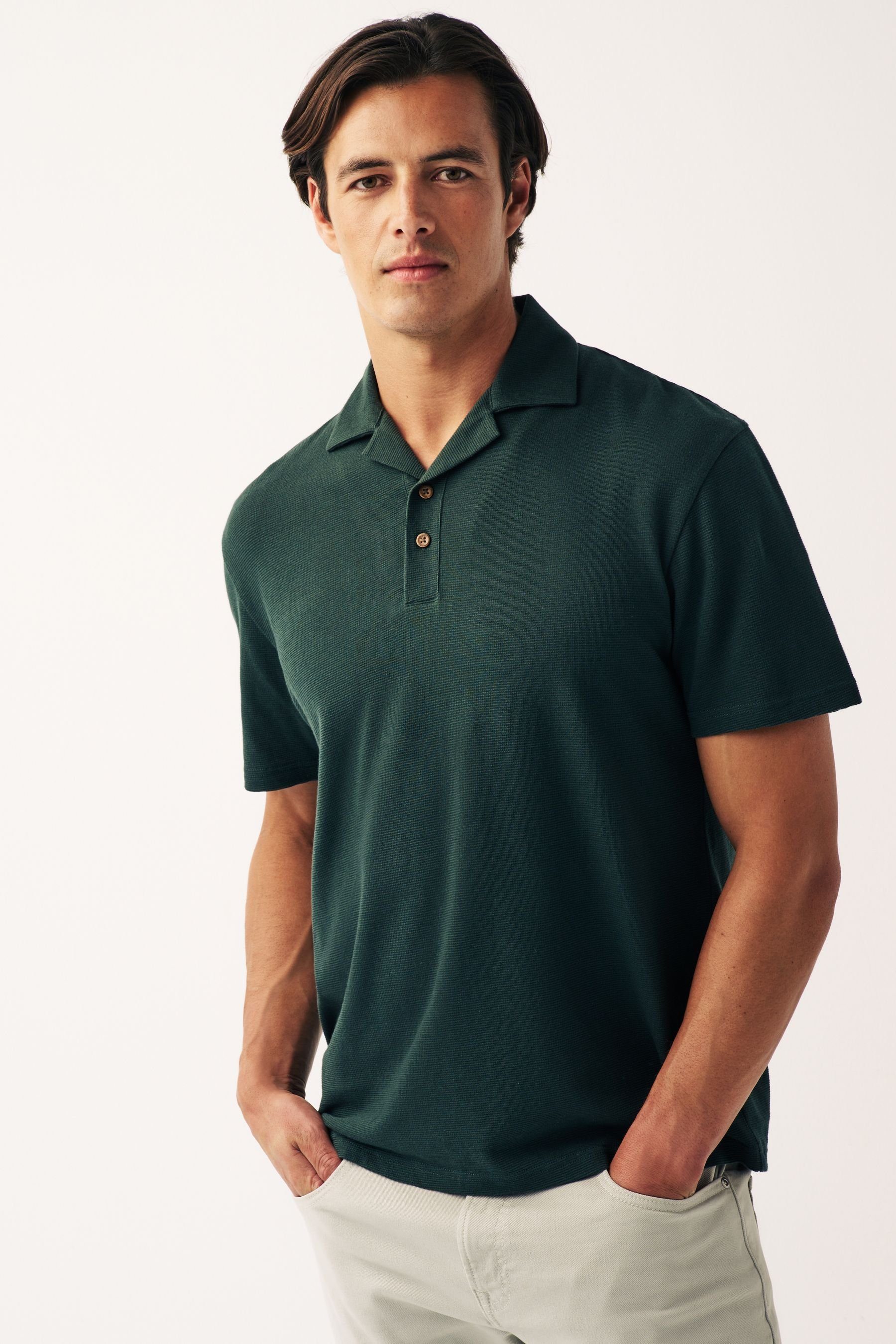 mit kubanischem (1-tlg) Polo-Shirt Green Kragen Poloshirt Textured Next