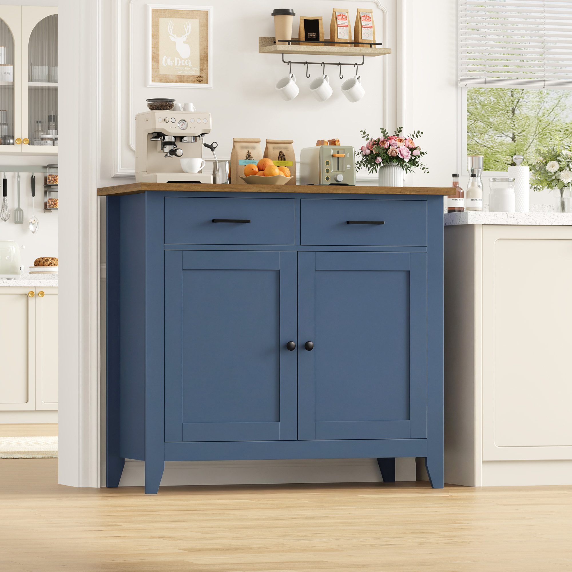 HOMECHO Buffet Sideboard Weiß Küchenschrank mit 2 Schubladen 2 Türen – Bild 4 von 5