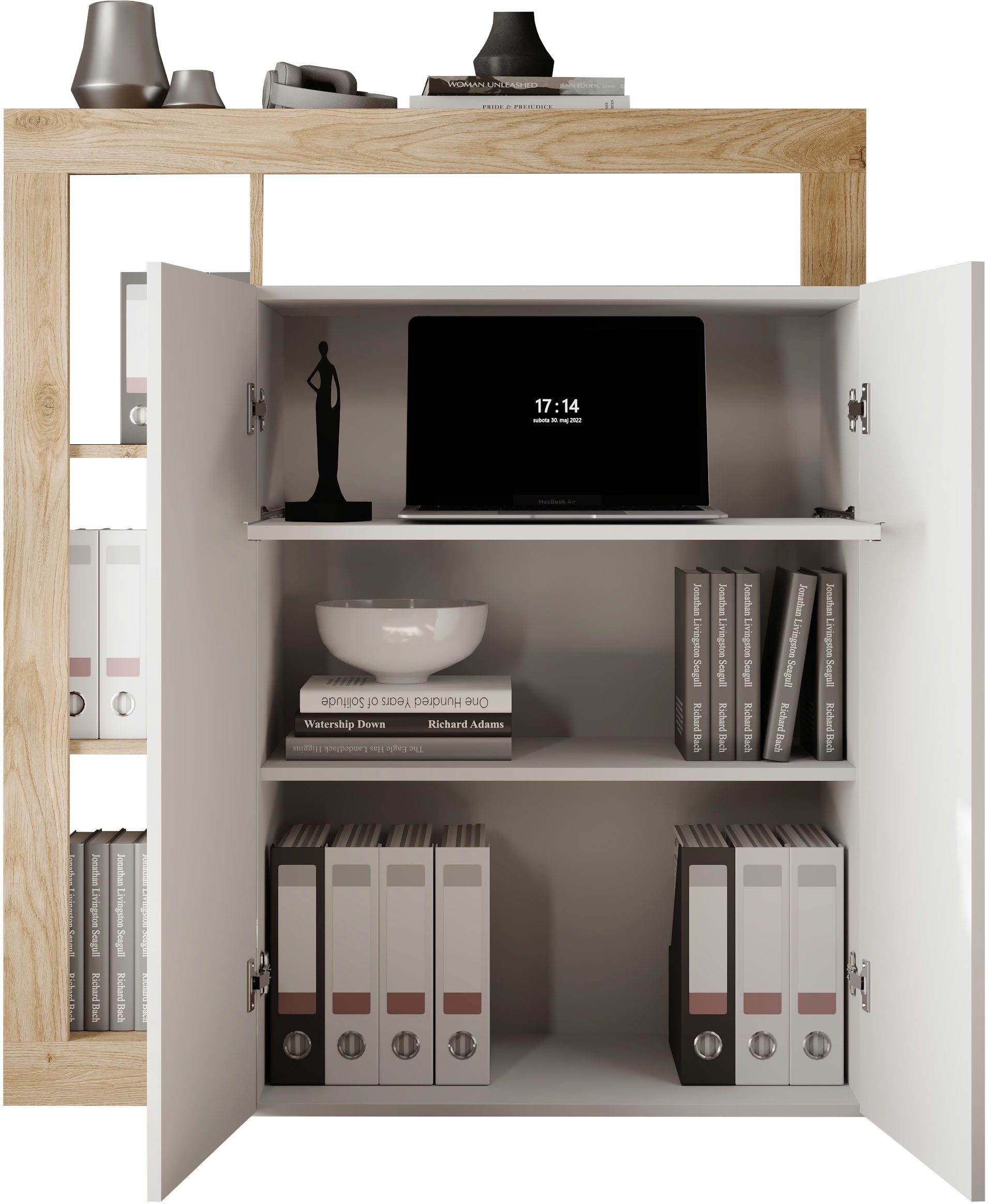 Home affaire Sekretär Hamburg Breite 108 cm, Höhe 126 cm, 2 Türen, PC-Schrank, Home-Office, dekorativer Rahmen, Tastaturauszug, Stauraum, Multifunktional – Bild 4 von 5