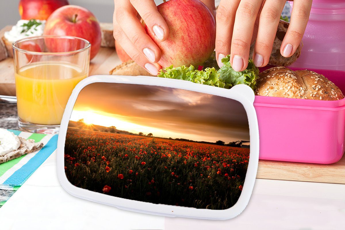 MuchoWow Lunchbox Sonnenuntergang über den rosa Kunststoff, Kinder, Erwachsene, Mädchen, für England, Mohnblumen in Kunststoff Brotdose Snackbox, (2-tlg), Brotbox
