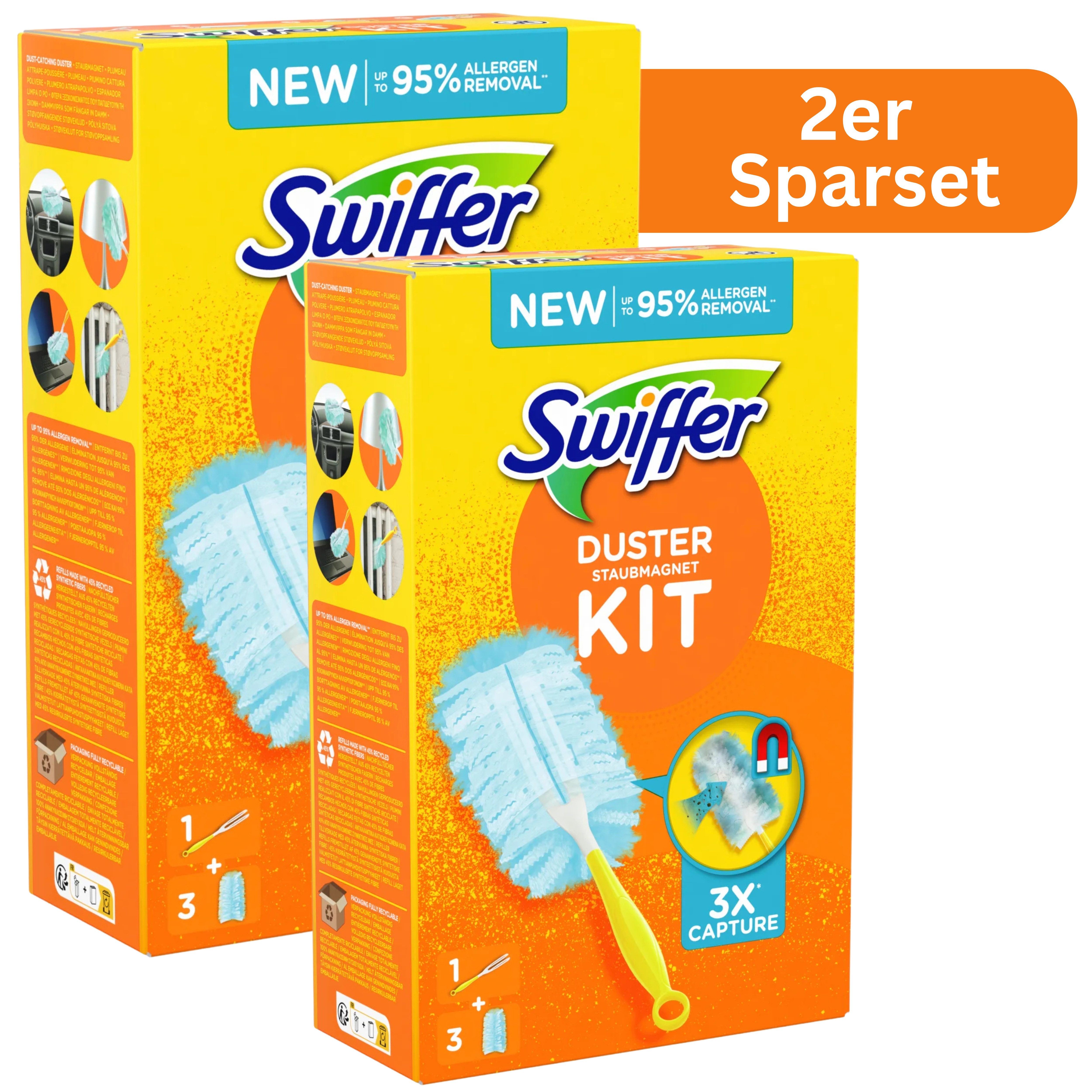 Swiffer 2x Duster Staubmagnet Starterset Kit mit Griff und Staubfangtücher Reinigungstücher (2er Set, Reinigt perfekt an schwer zugänglichen Stellen)