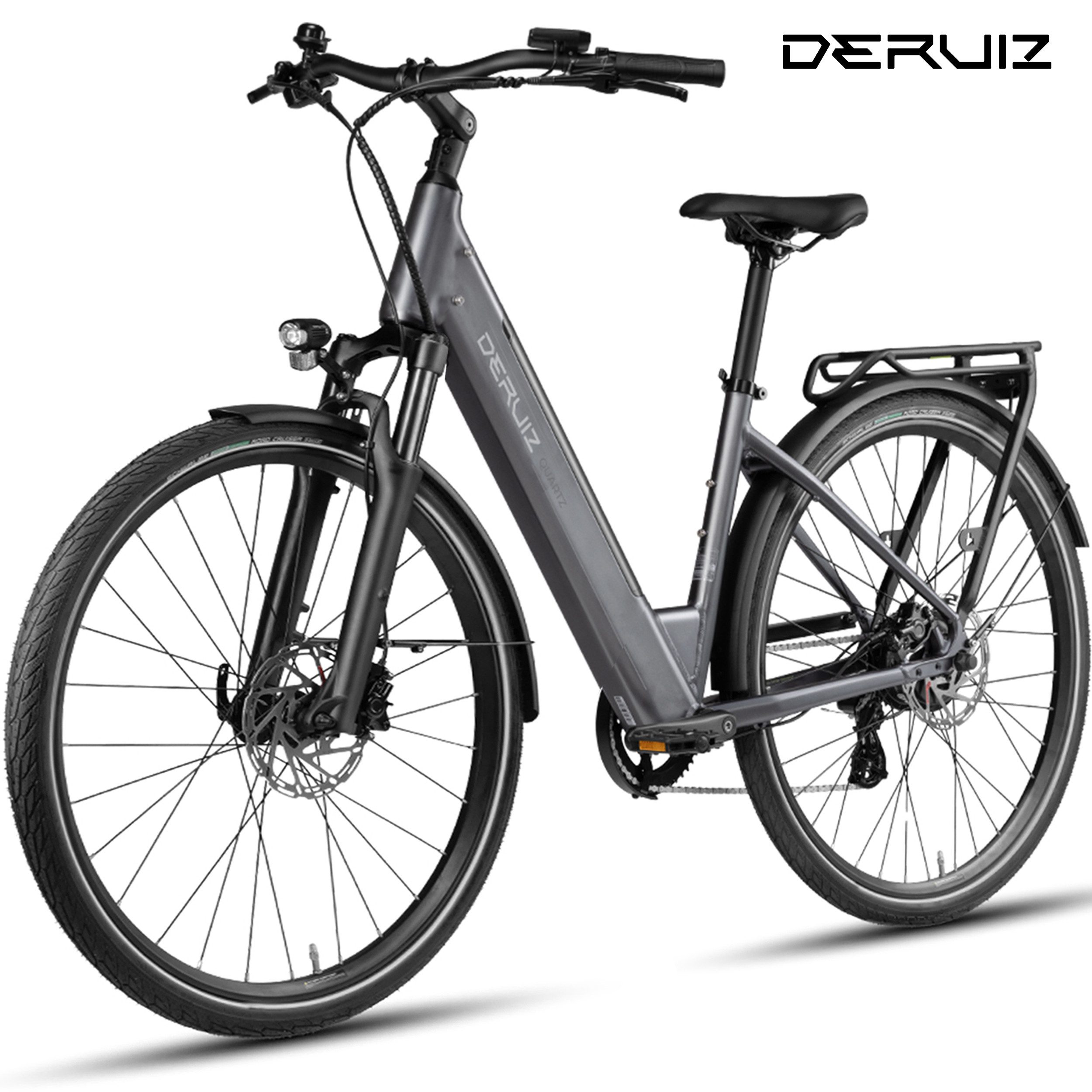 DERUIZ E-Bike Cityrad 28 Zoll, Elektrofahrrad für Damen & Herren, bis zu 161 km, 8 Gang Schiamano Altus RD-M310 Schaltwerk, Kettenschaltung, Heckmotor, 644,00 Wh, (Federgabel mit Lockout, Farb-LCD-Display mit Bluetooth, Drehmomentsensor), 5 Unterstützungsstufen / Anfahrhilfe, hydr. Scheibenbremse, RH: 44cm