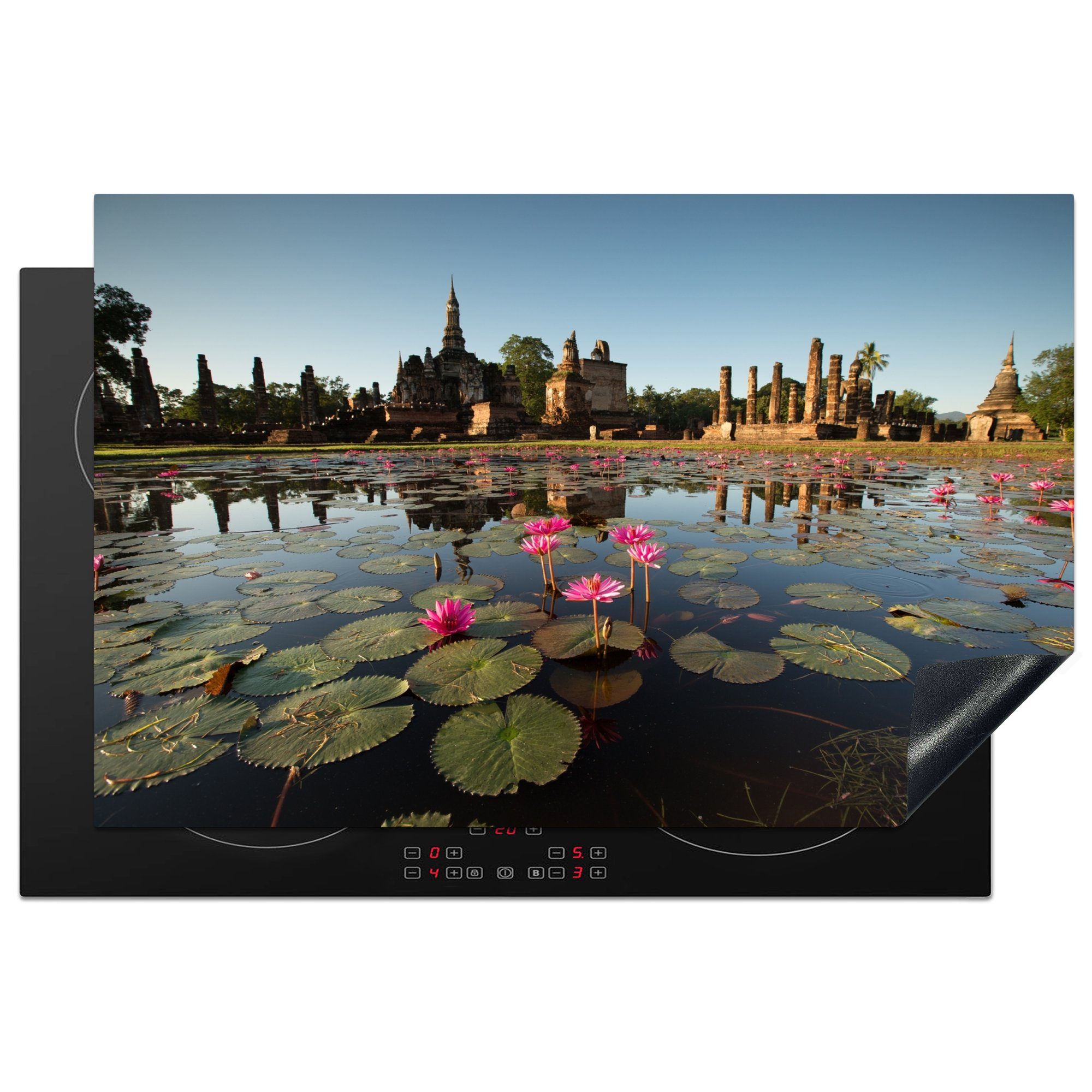 MuchoWow Herdblende-/Abdeckplatte Foto von schönen Seerosen im Wasser mit den Tempeln von Ayutthaya im, Vinyl, (1 tlg), 81x52 cm, Induktionskochfeld Schutz für die küche, Ceranfeldabdeckung