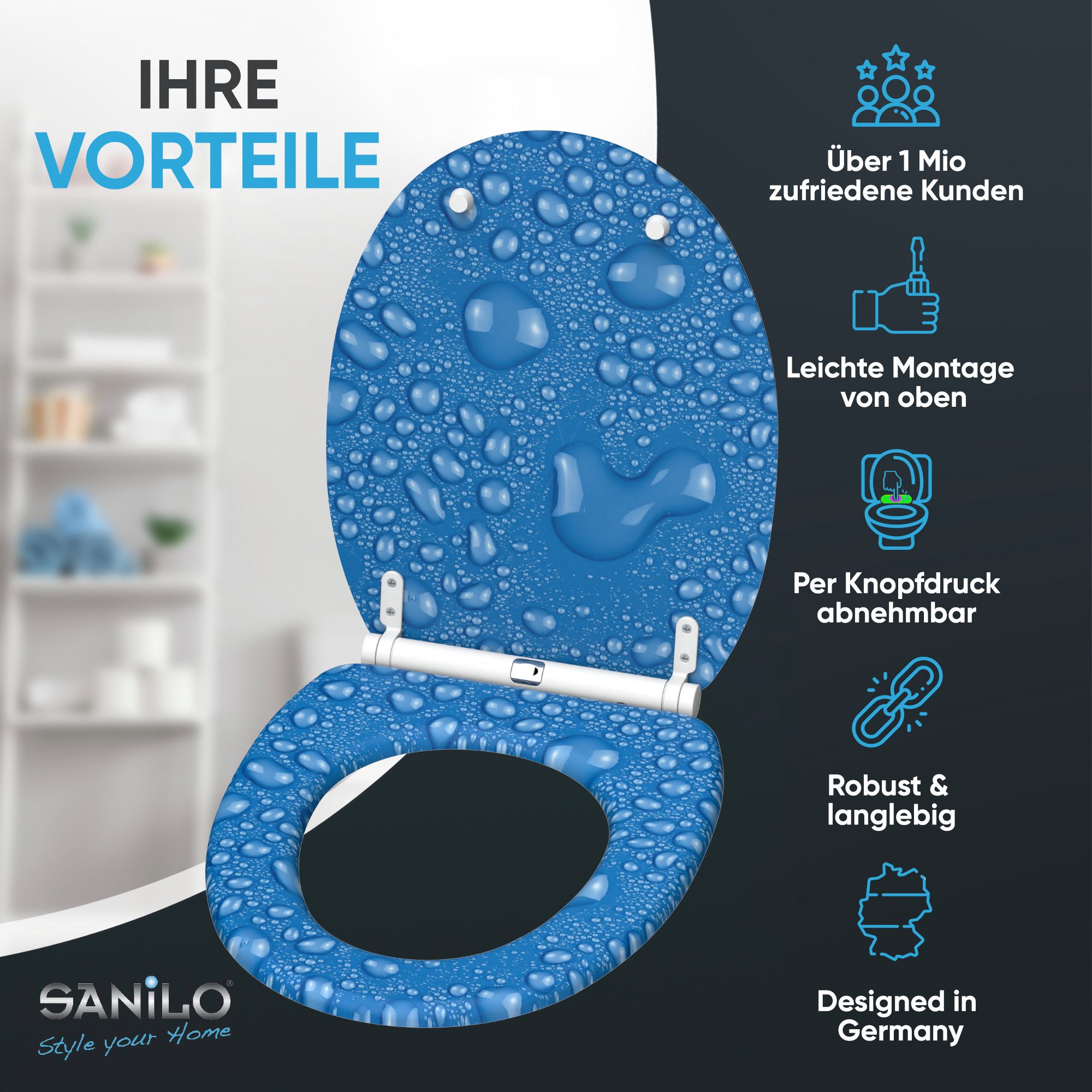 Sanilo WC-Sitz Tautropfen Blau mit Absenkautomatik & Quick Release, hochwertig, abnehmbar, leichte Montage von oben, mit Schraubenzieher – Bild 2 von 5
