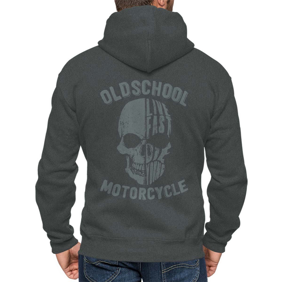 Rebel On Wheels Kapuzensweatjacke Kapuzenjacke Zip Hoodie Oldschool Skull mit Motorrad / Biker Motiv Anthra Melange