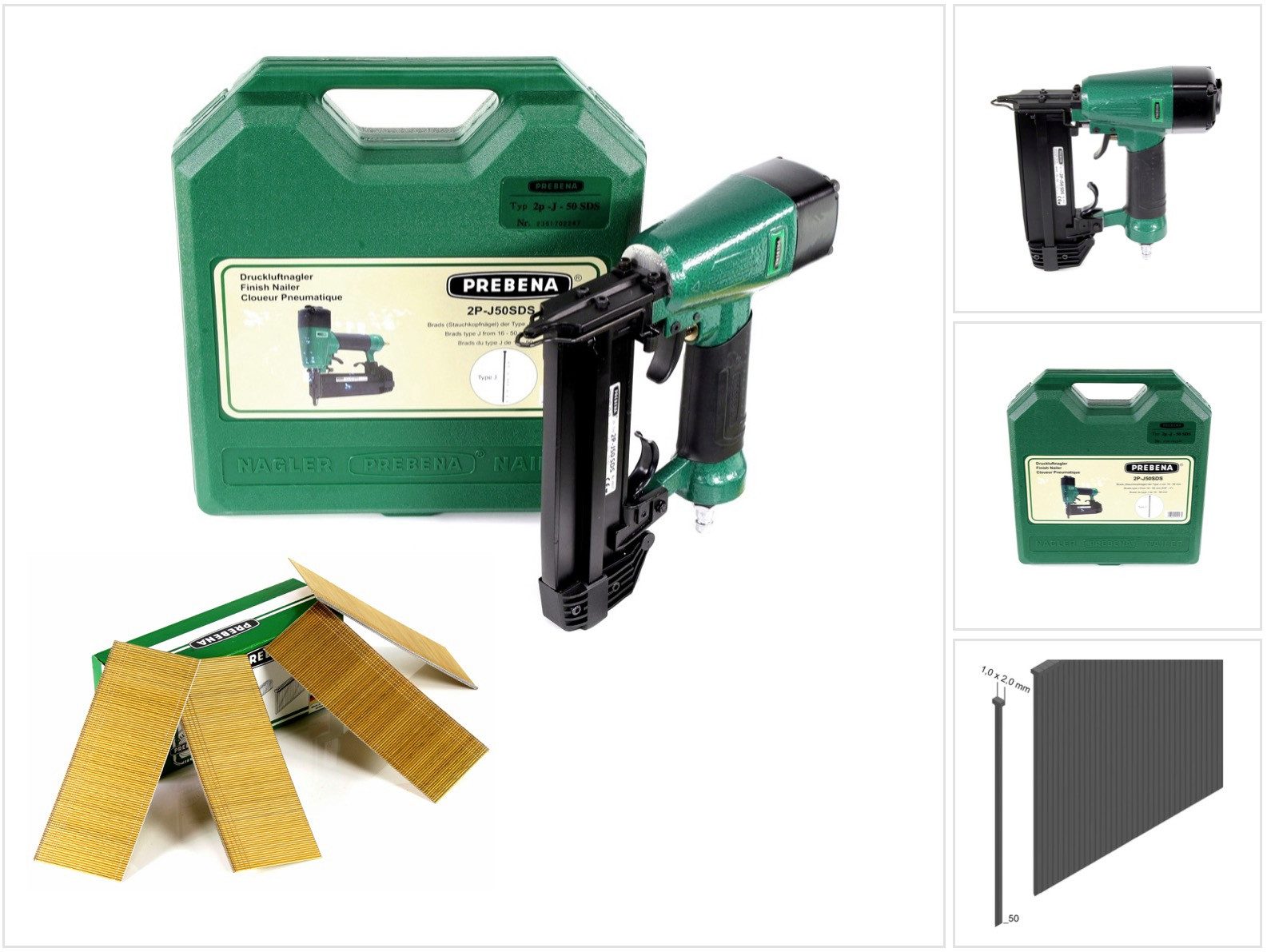 Prebena Druckluft-Nagler 2P-J50SDS Luftdruck Druckluftnagler 5-7 bar im Transportkoffer + Preb