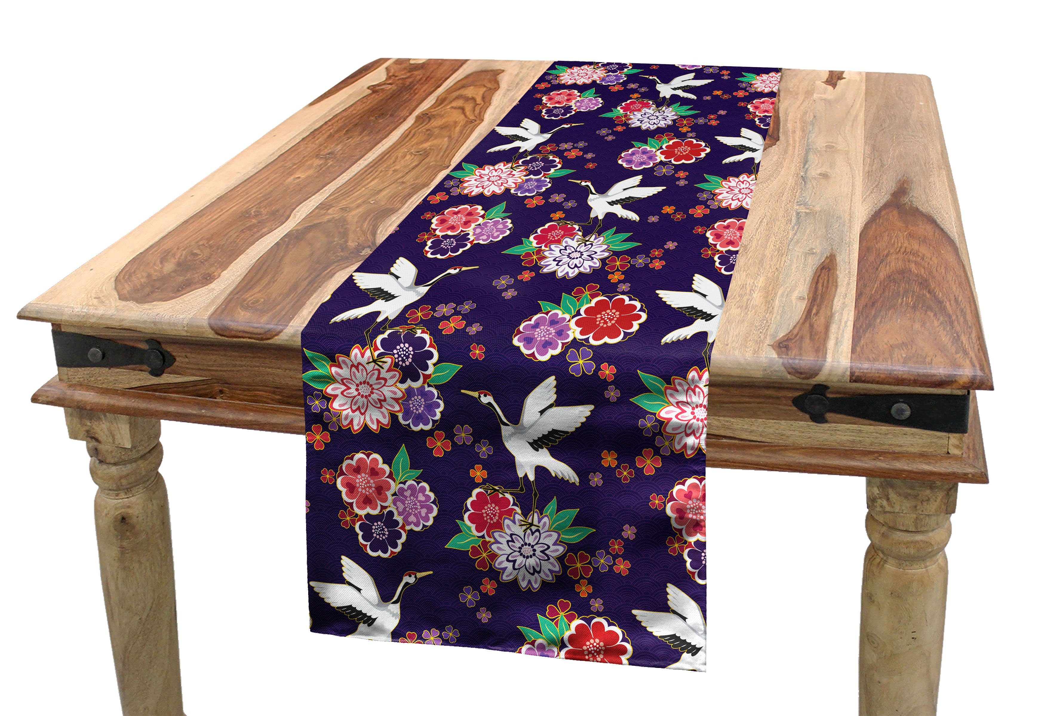 Abakuhaus Tischläufer Esszimmer Küche Rechteckiger Dekorativer Tischläufer, Vögel Fliegen Kran und Blumen